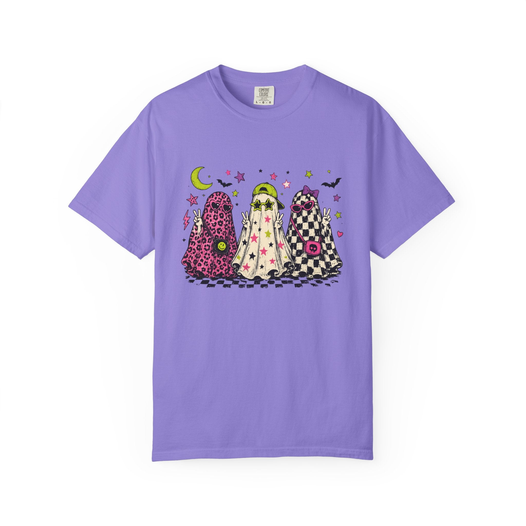 Neon Patterned Ghosts T-Shirt | Halloween Checkerboard Leopard Trio