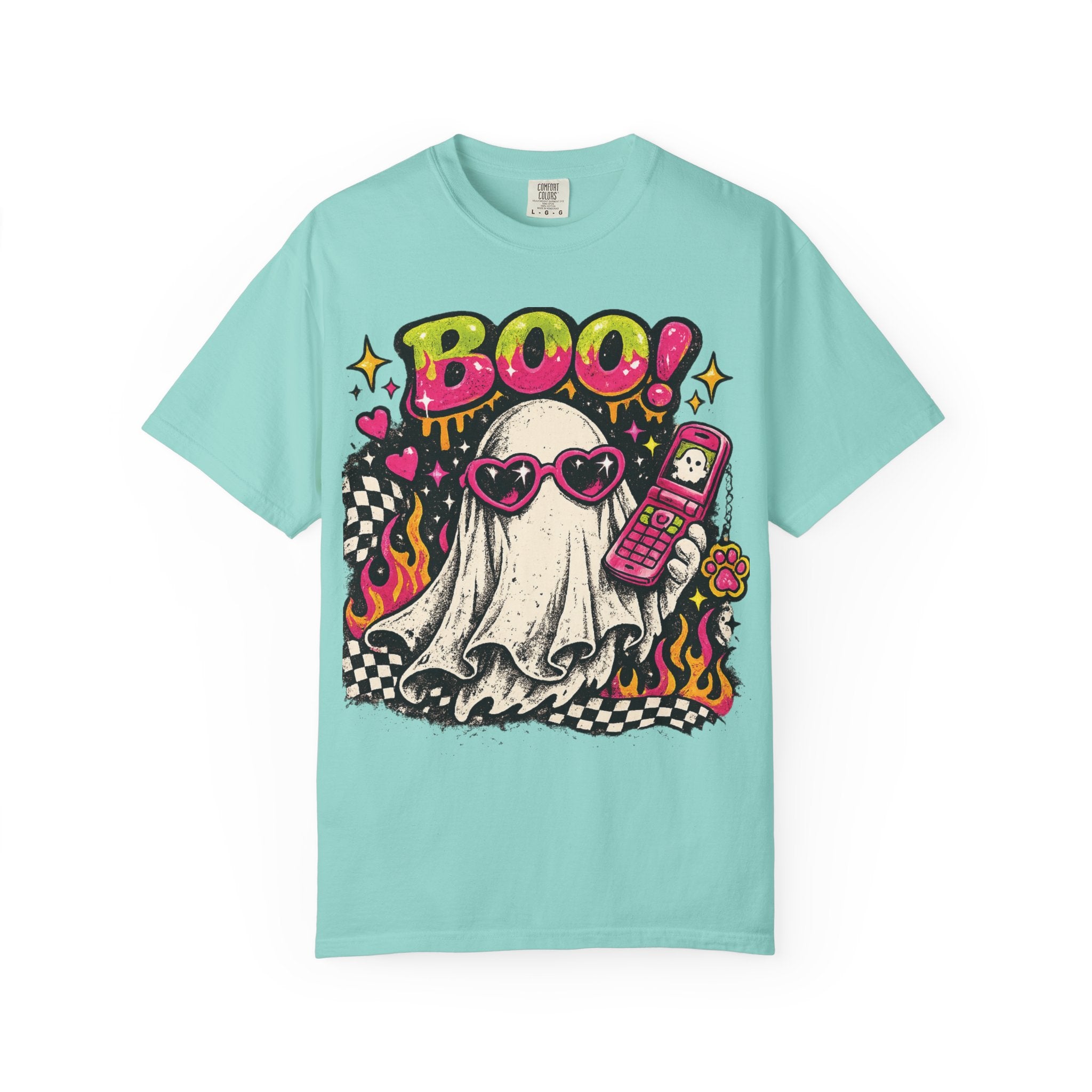 Cute Ghost Saying BOO! T-shirt | Retro Flames, Heart Sunglasses, Pink Flip Phone