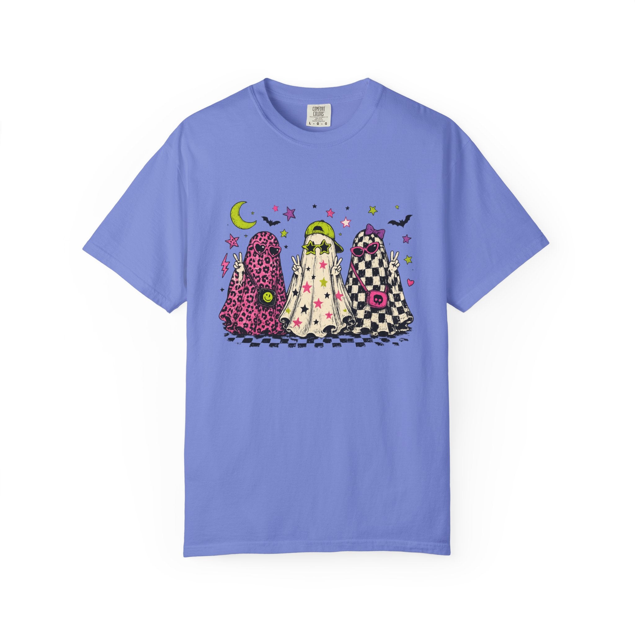 Neon Patterned Ghosts T-Shirt | Halloween Checkerboard Leopard Trio