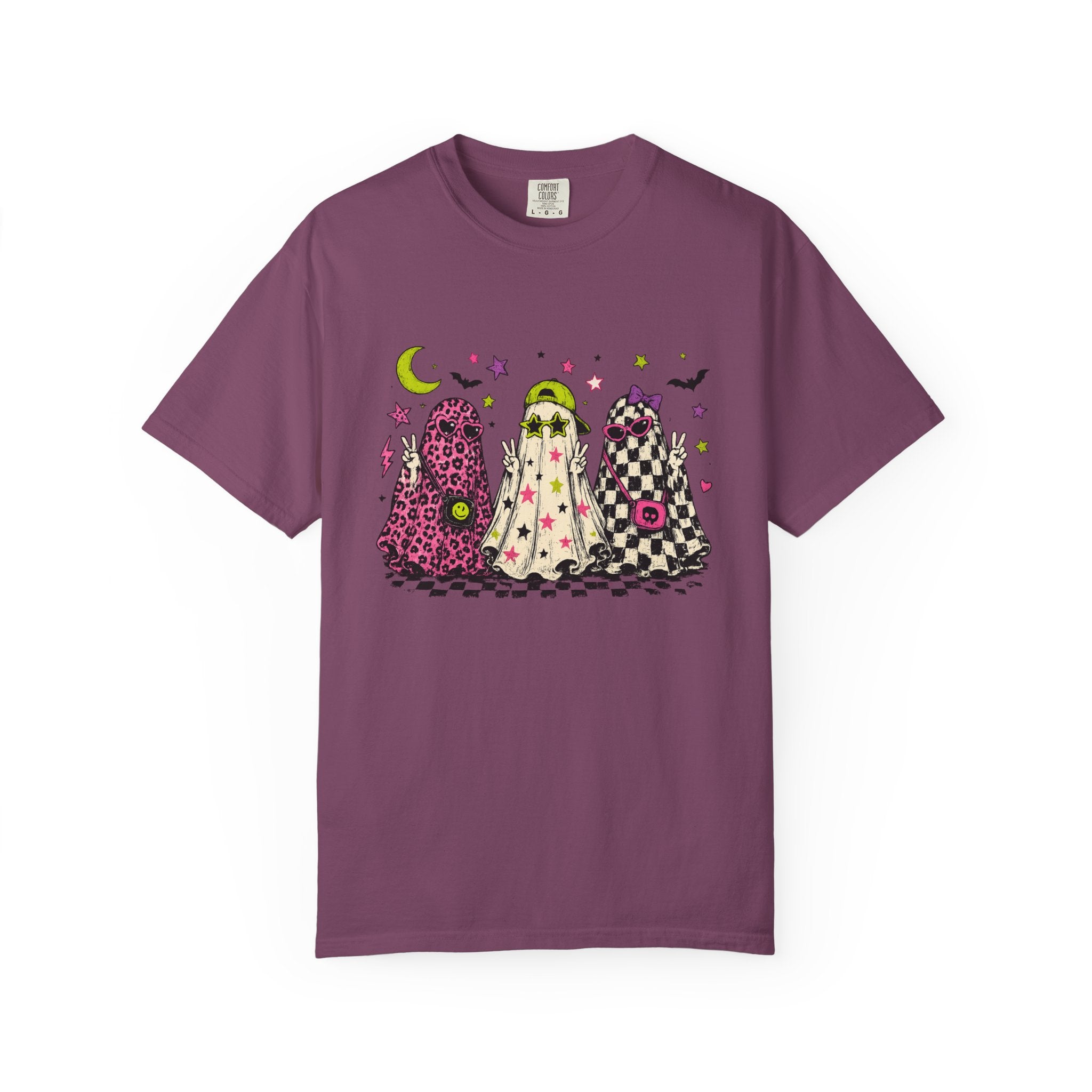 Neon Patterned Ghosts T-Shirt | Halloween Checkerboard Leopard Trio