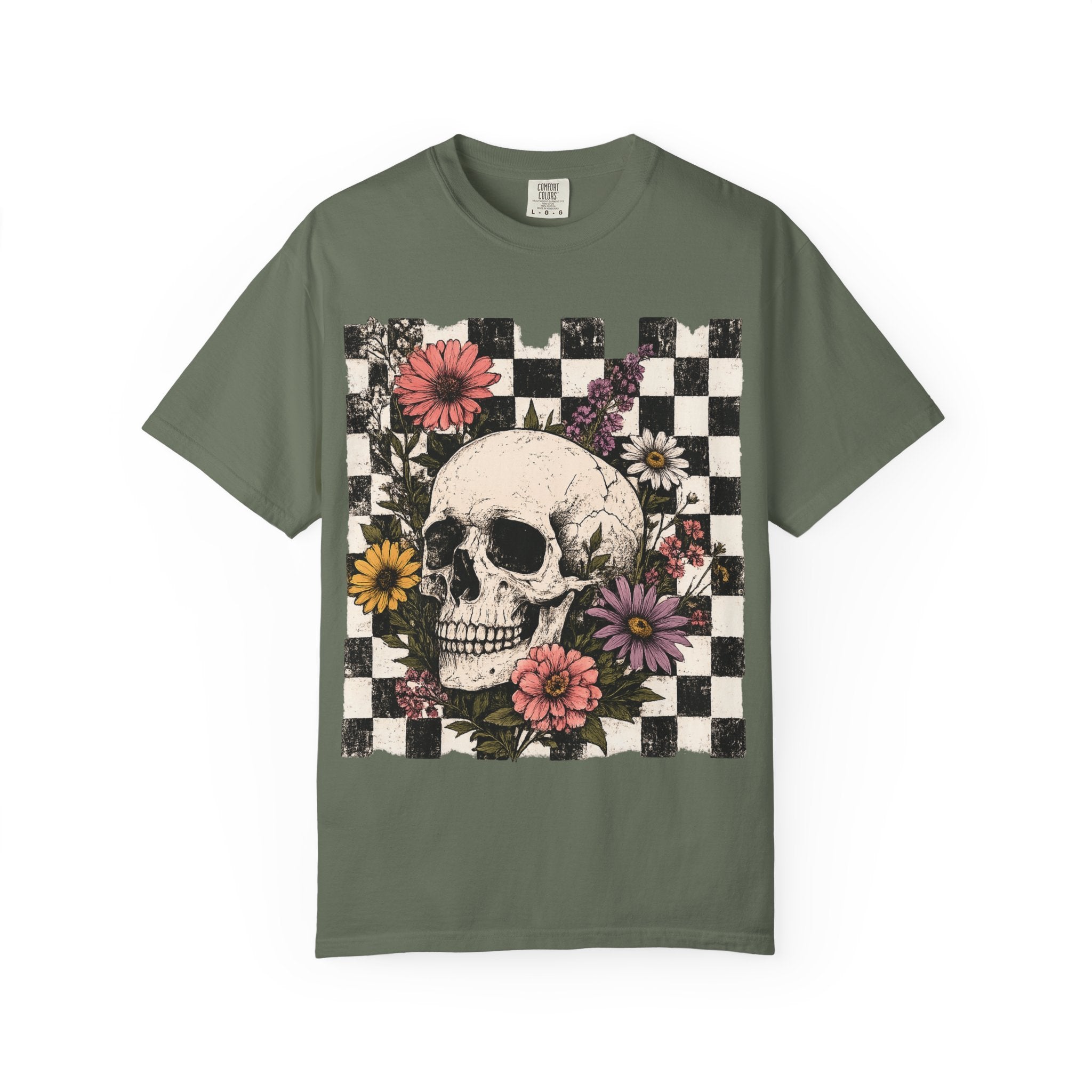 Skull with Flowers T-Shirt | Checkerboard Floral Skull Tee