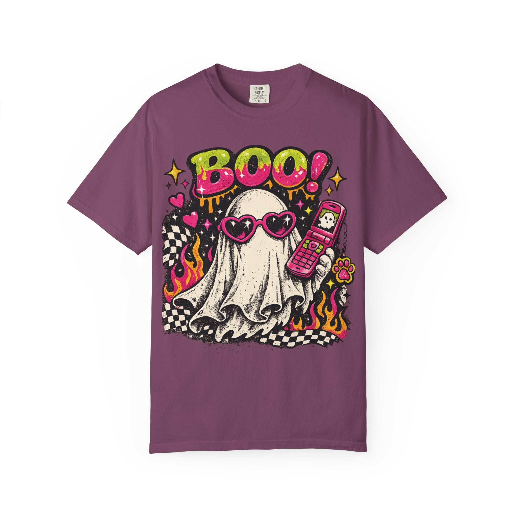 Cute Ghost Saying BOO! T-shirt | Retro Flames, Heart Sunglasses, Pink Flip Phone