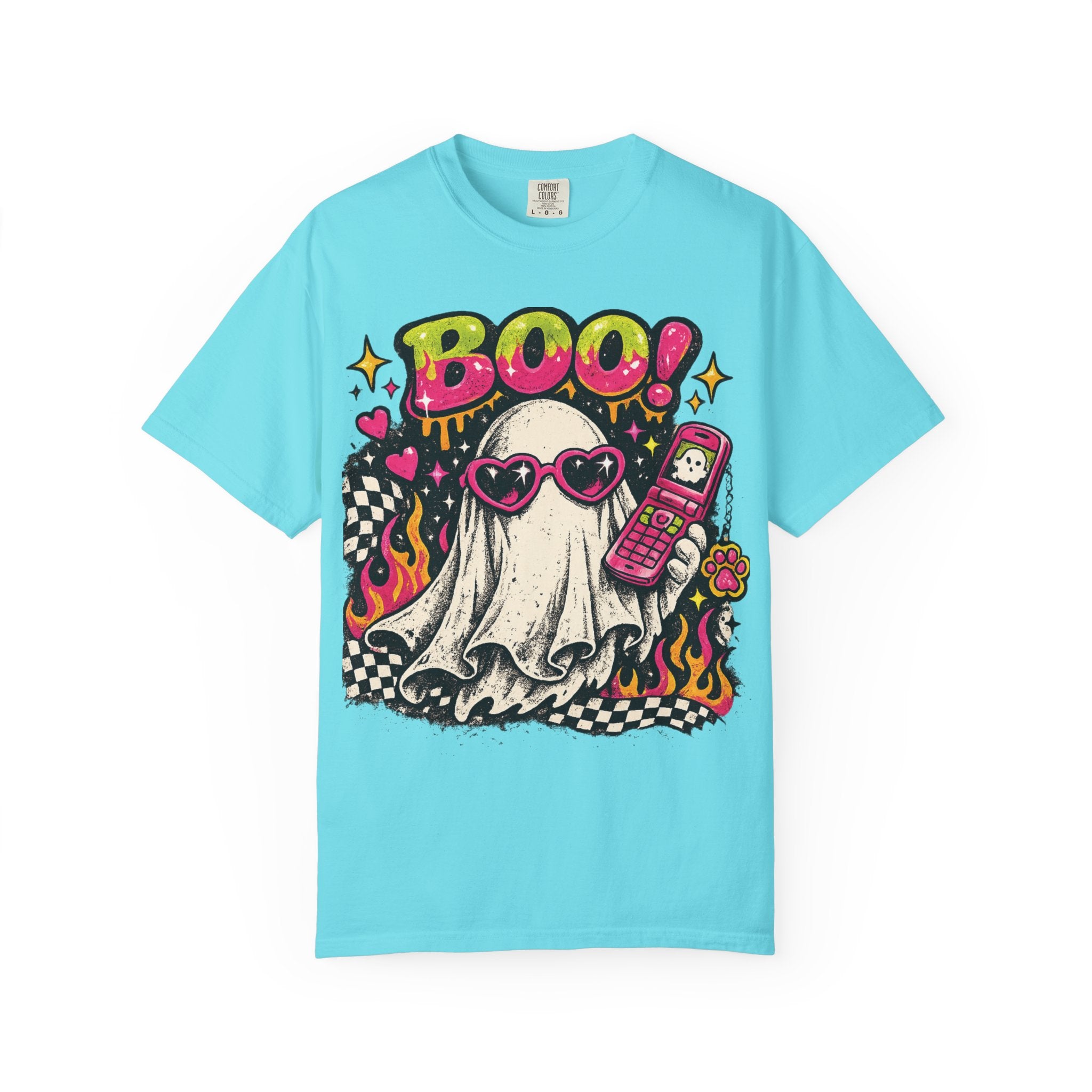 Cute Ghost Saying BOO! T-shirt | Retro Flames, Heart Sunglasses, Pink Flip Phone