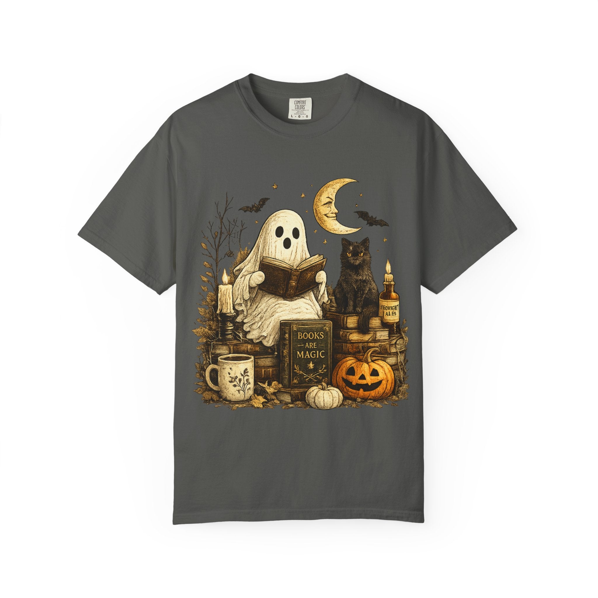 Cozy Reading Ghost T-shirt | Halloween Cat, Pumpkin & Spellbook Design