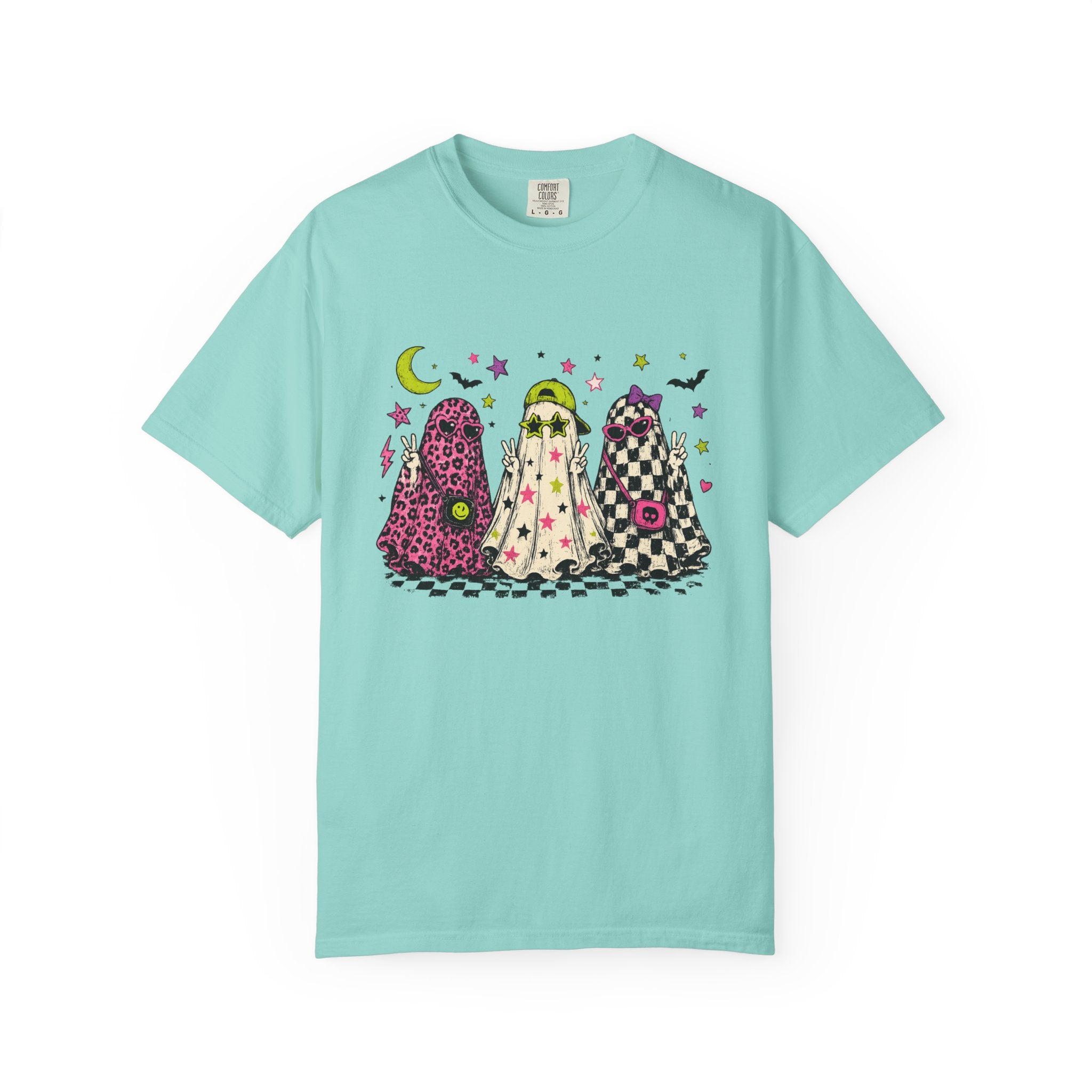 Neon Patterned Ghosts T-Shirt | Halloween Checkerboard Leopard Trio