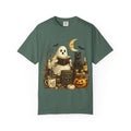 Cozy Reading Ghost T-shirt | Halloween Cat, Pumpkin & Spellbook Design