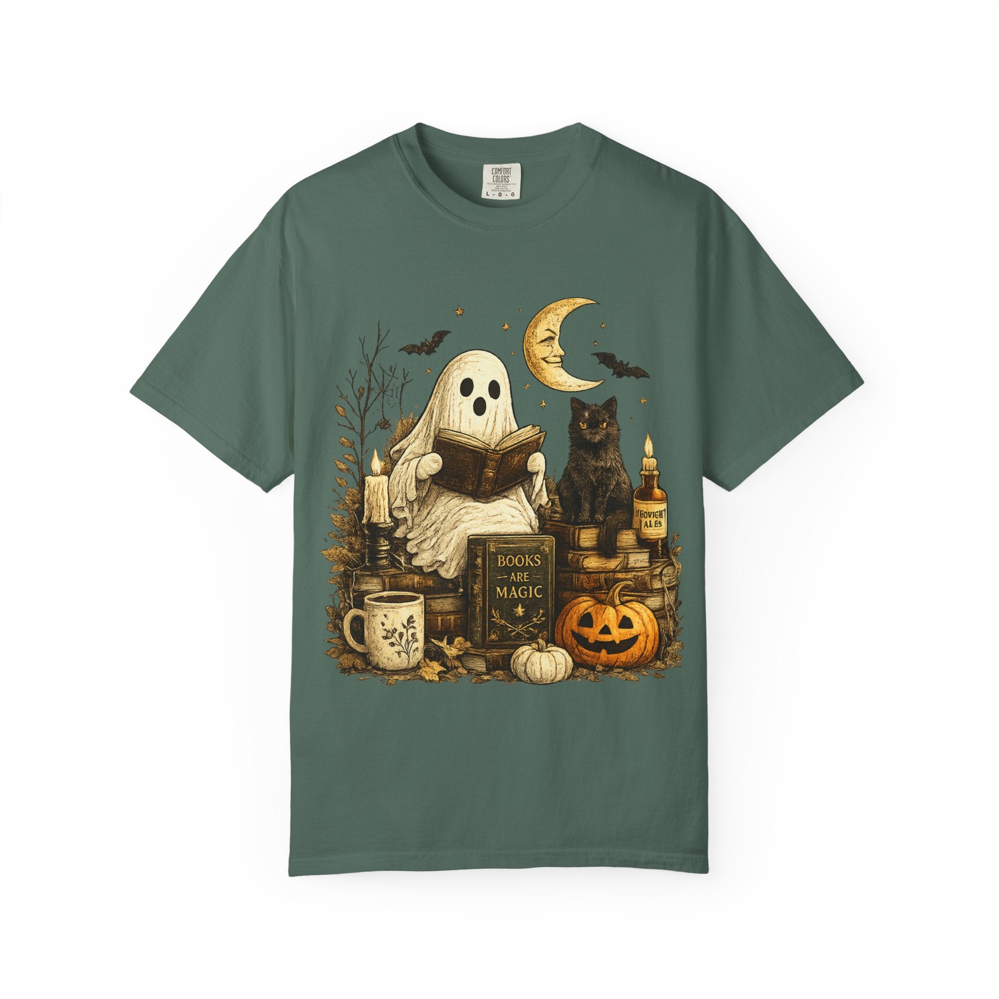 Cozy Reading Ghost T-shirt | Halloween Cat, Pumpkin & Spellbook Design