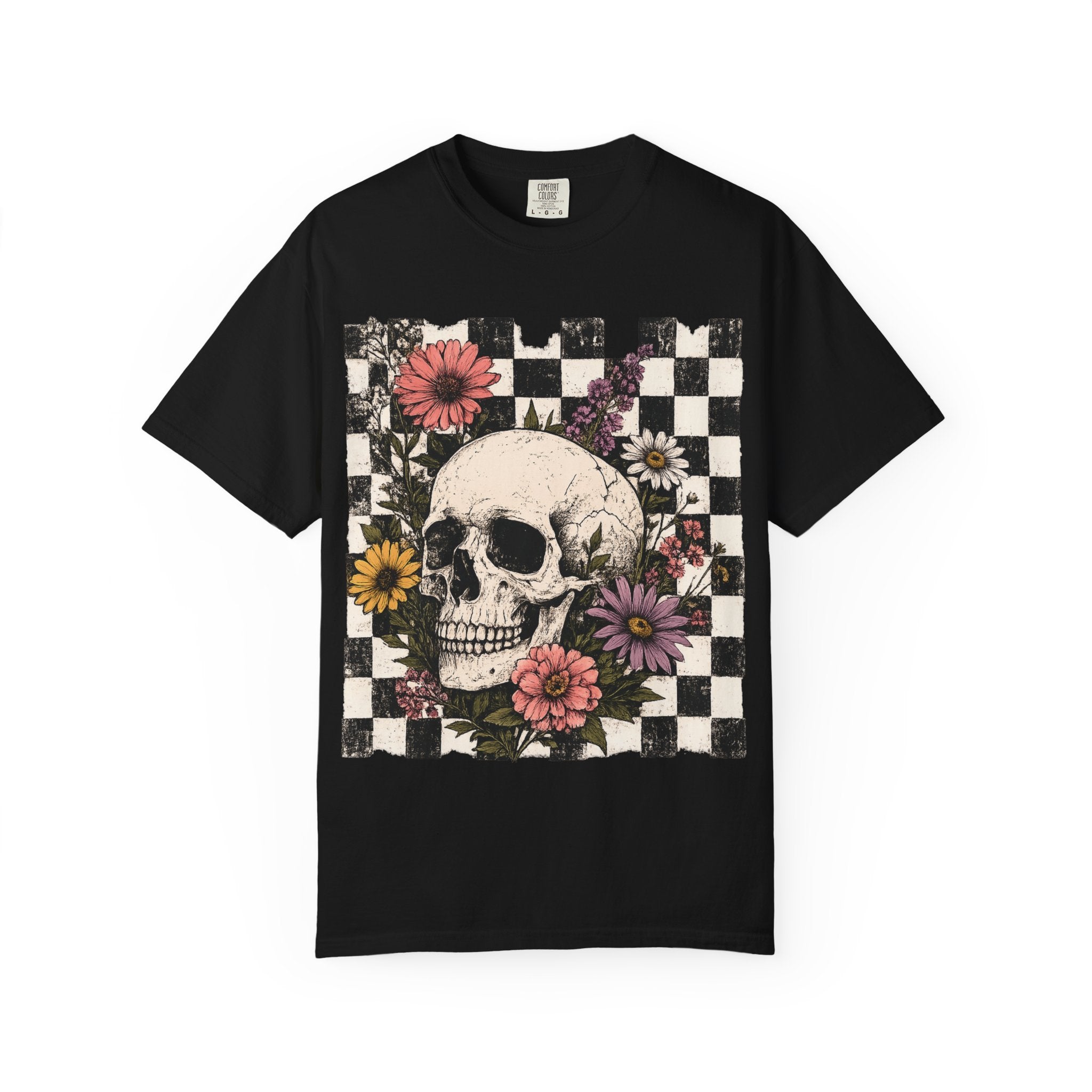 Skull with Flowers T-Shirt | Checkerboard Floral Skull Tee