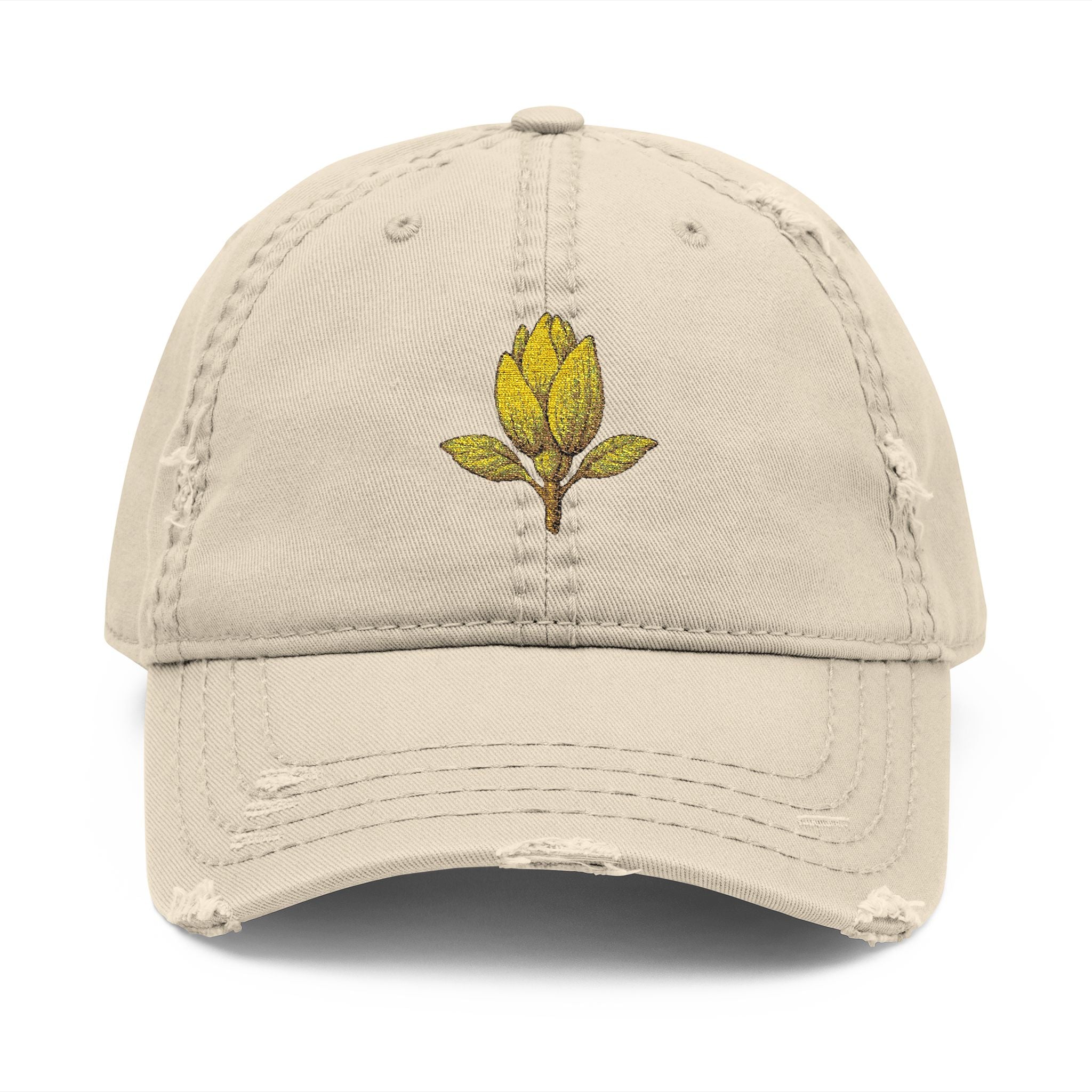 Distressed Embroidered Leaf Dad Hat — Vintage Floral Baseball Cap