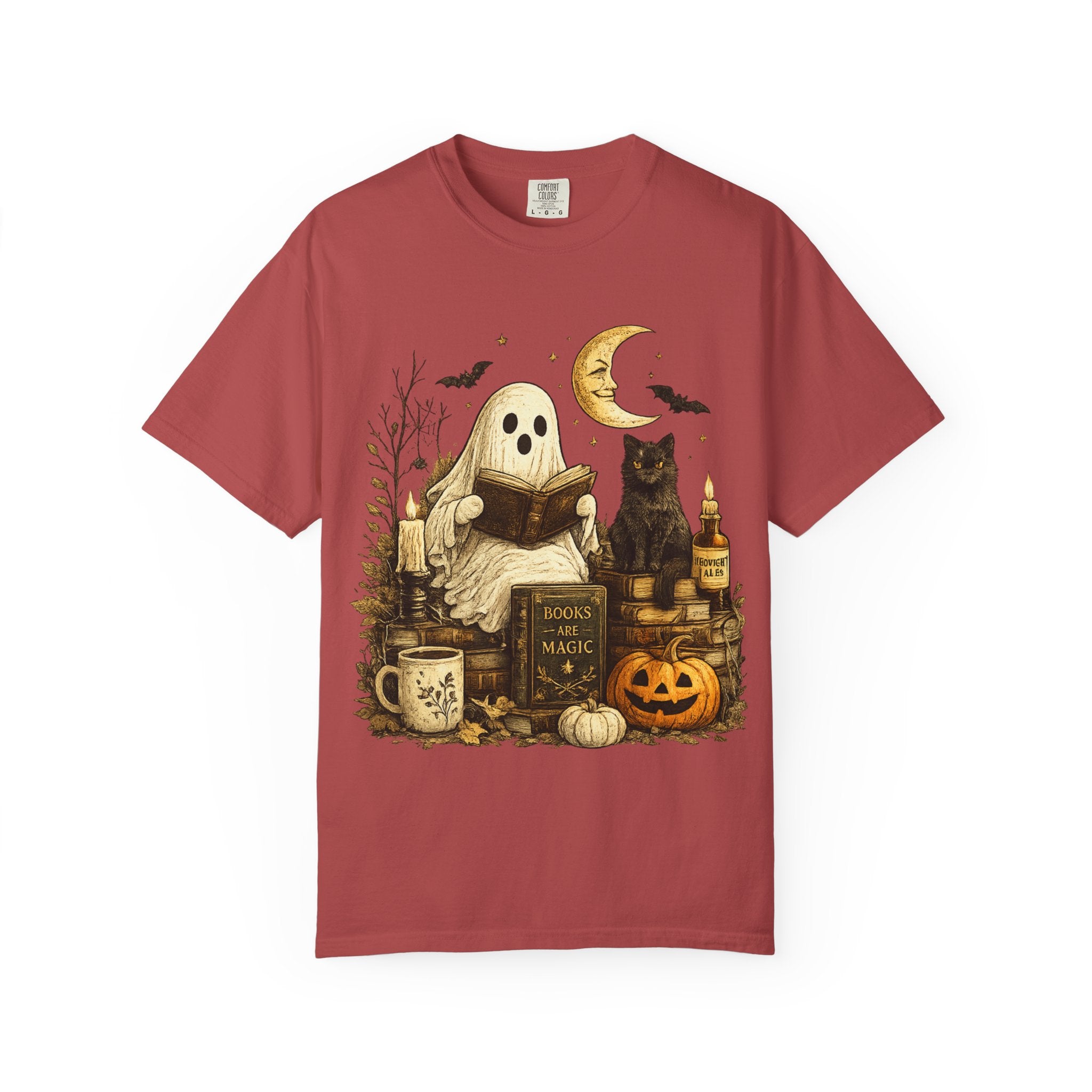 Cozy Reading Ghost T-shirt | Halloween Cat, Pumpkin & Spellbook Design