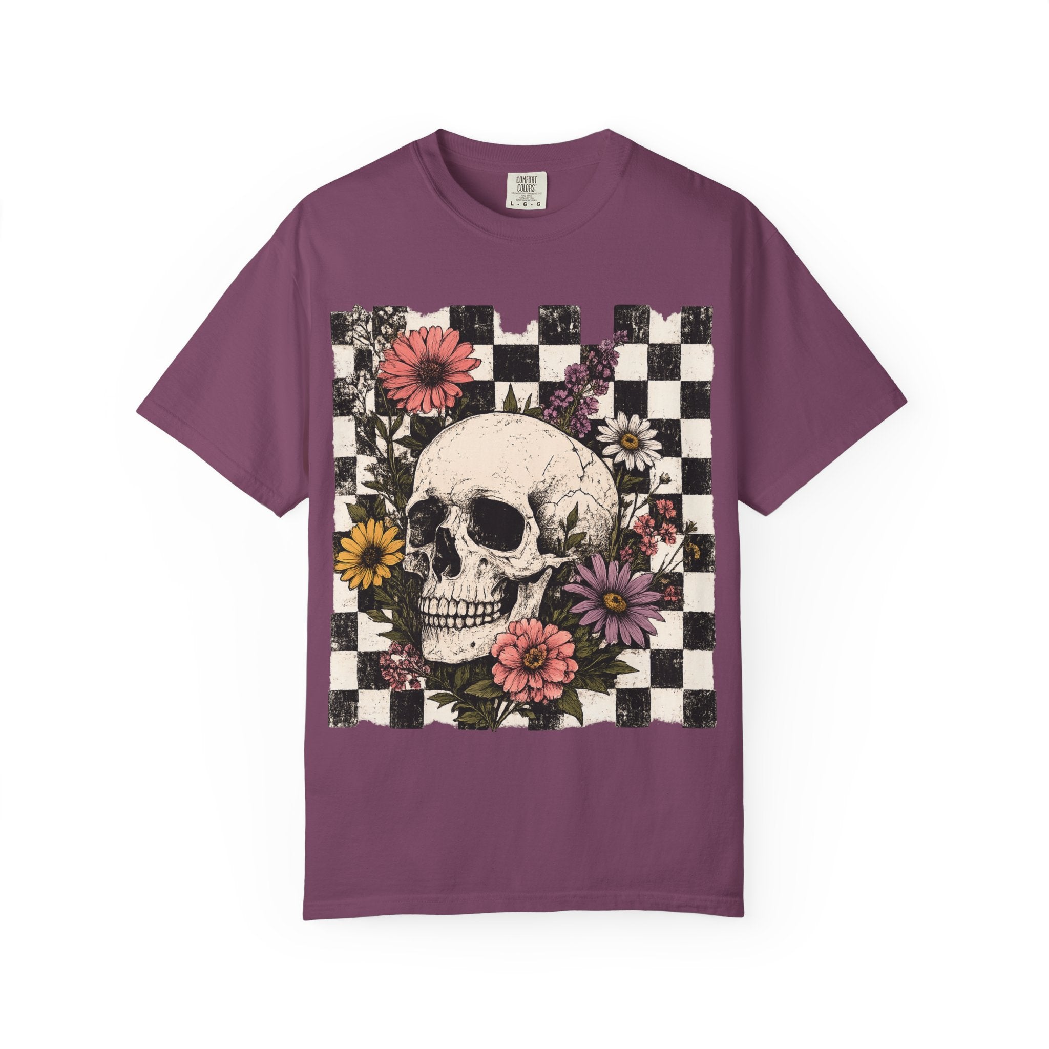 Skull with Flowers T-Shirt | Checkerboard Floral Skull Tee