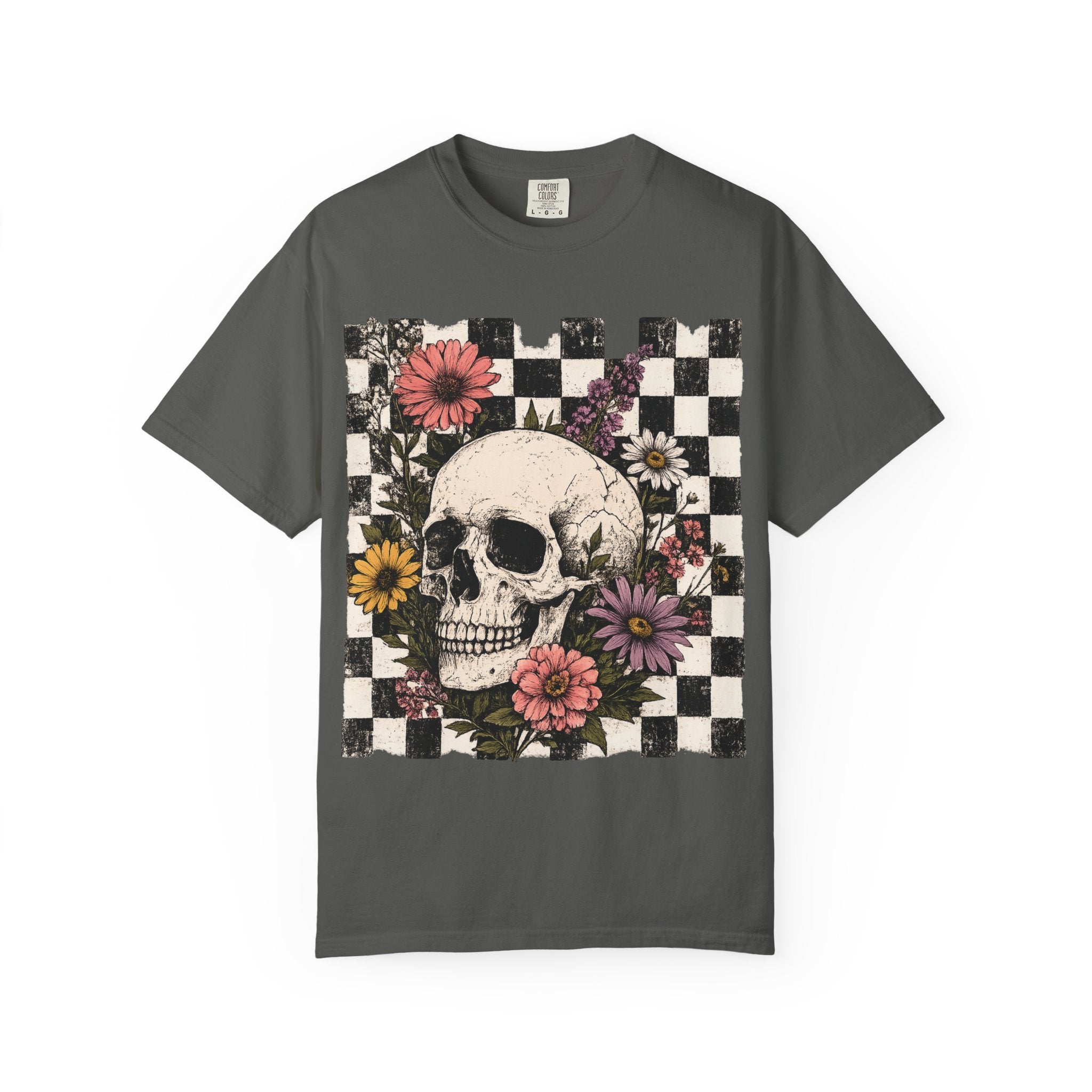 Skull with Flowers T-Shirt | Checkerboard Floral Skull Tee