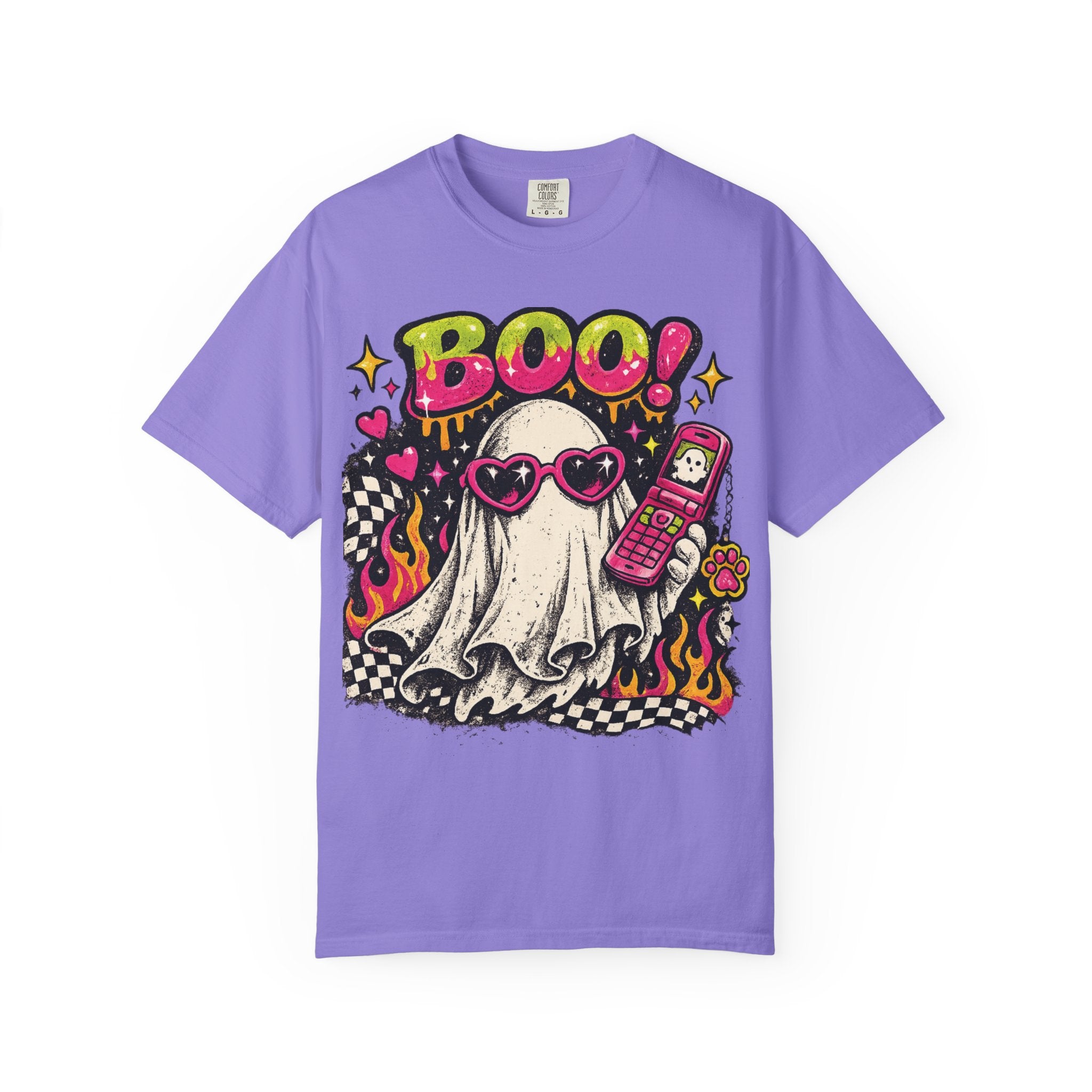 Cute Ghost Saying BOO! T-shirt | Retro Flames, Heart Sunglasses, Pink Flip Phone