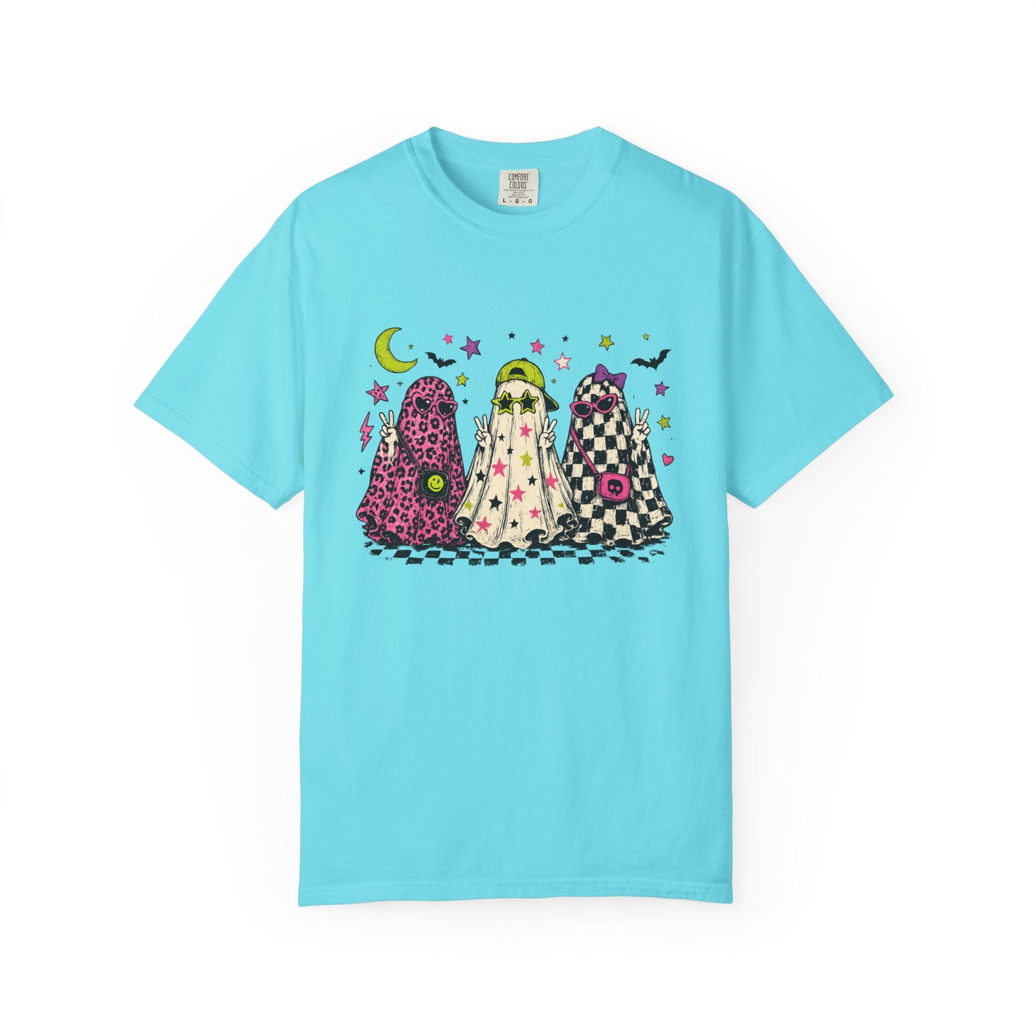 Neon Patterned Ghosts T-Shirt | Halloween Checkerboard Leopard Trio