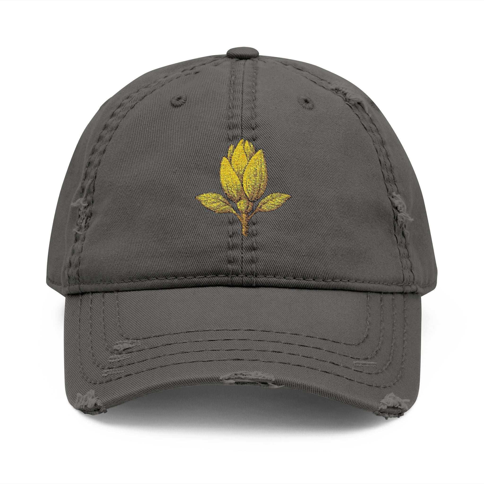 Distressed Embroidered Leaf Dad Hat — Vintage Floral Baseball Cap