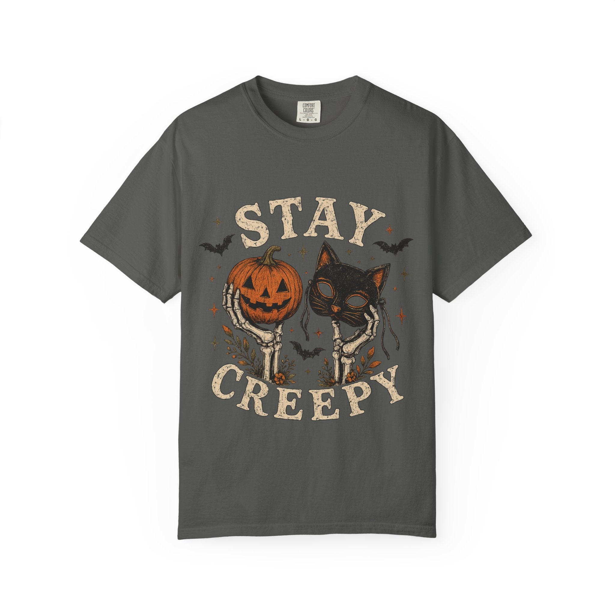 Stay Creepy cat with jack-o-lantern T-shirt | Halloween spooky bats design