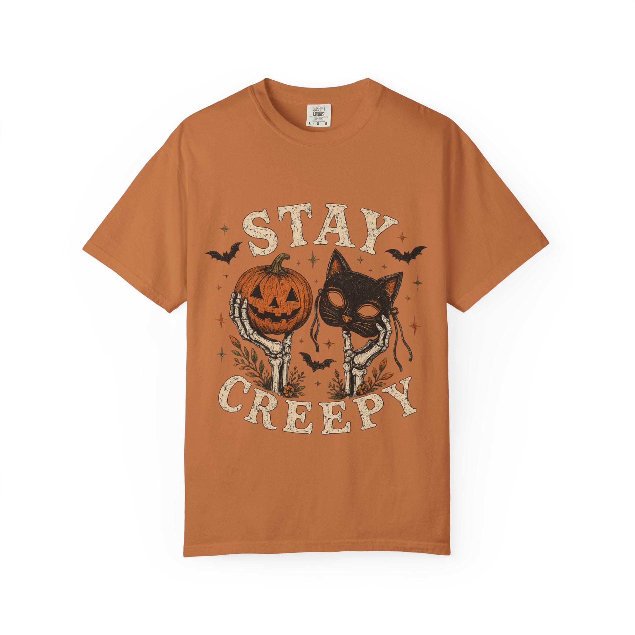 Stay Creepy cat with jack-o-lantern T-shirt | Halloween spooky bats design