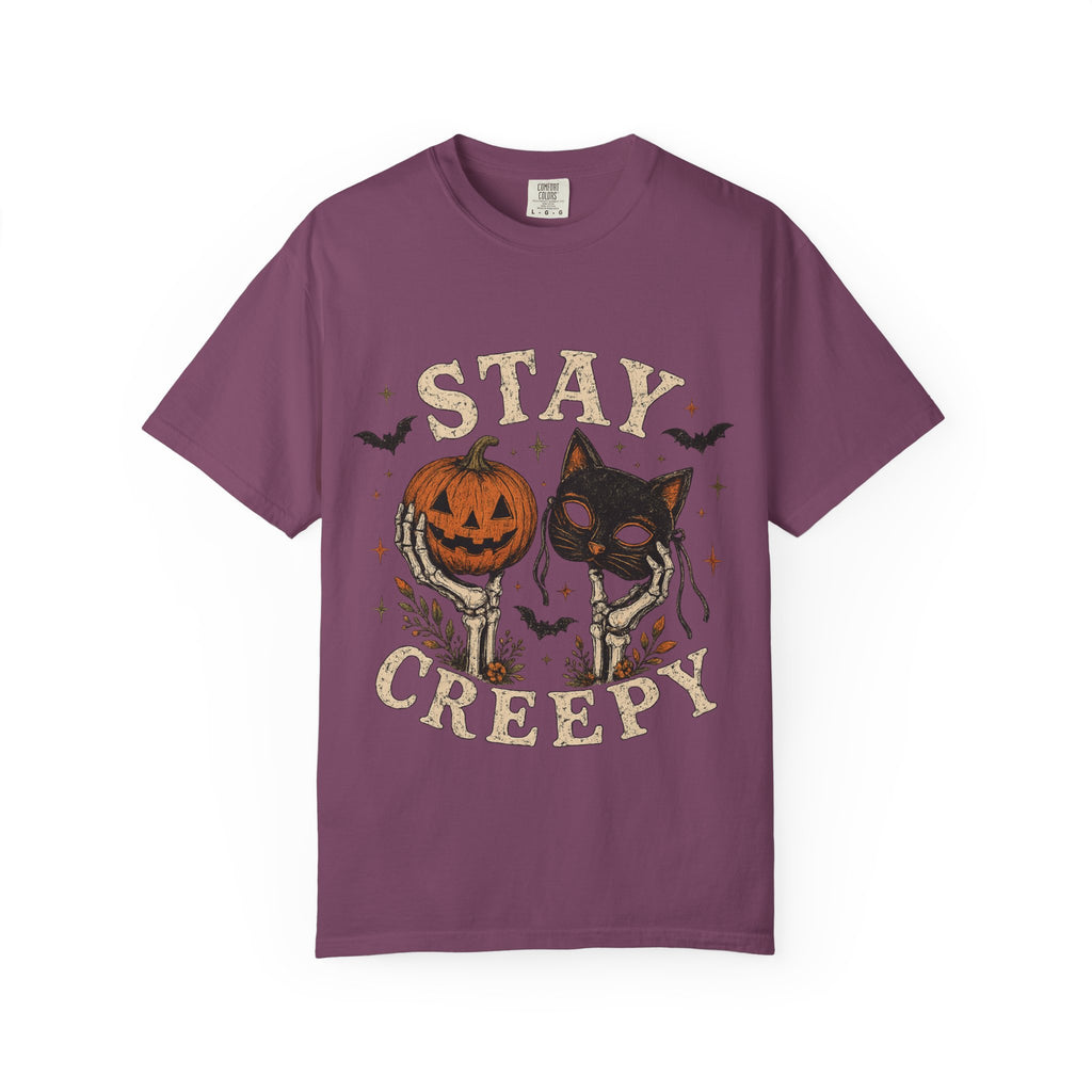 Stay Creepy cat with jack-o-lantern T-shirt | Halloween spooky bats design