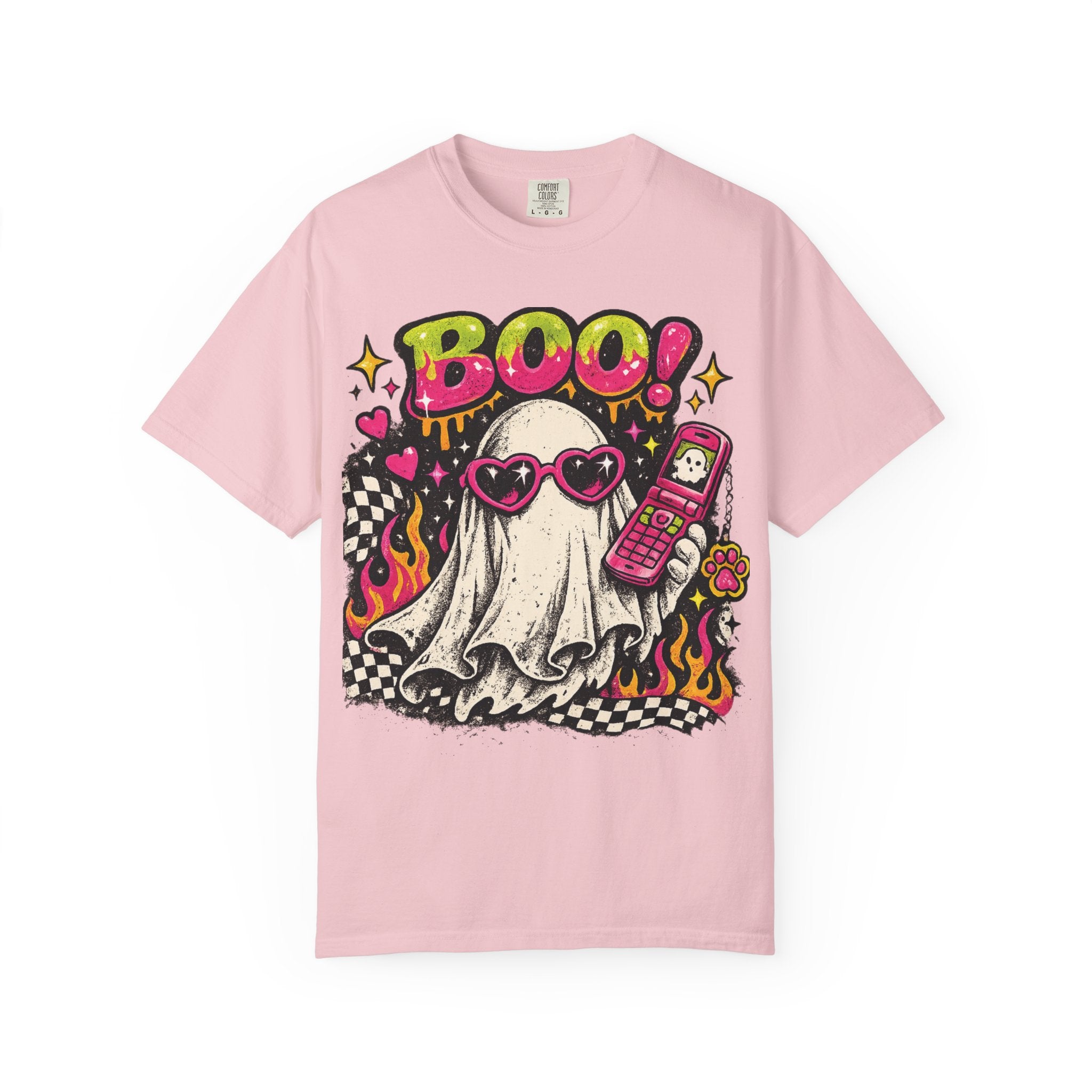 Cute Ghost Saying BOO! T-shirt | Retro Flames, Heart Sunglasses, Pink Flip Phone