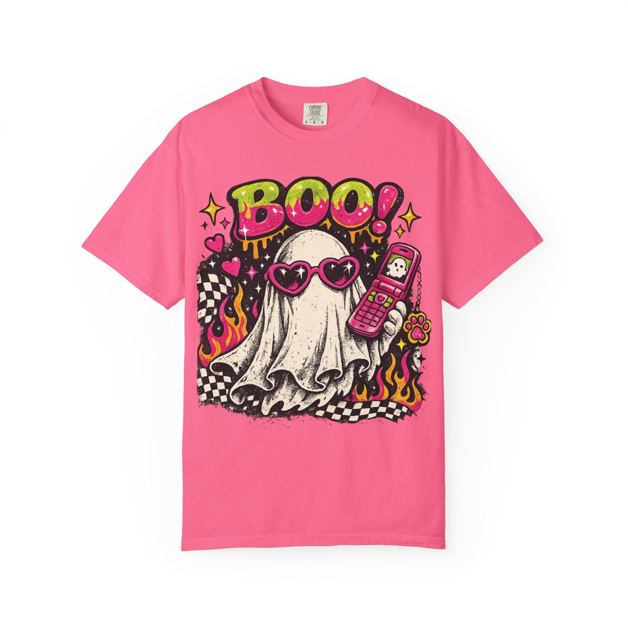 Cute Ghost Saying BOO! T-shirt | Retro Flames, Heart Sunglasses, Pink Flip Phone