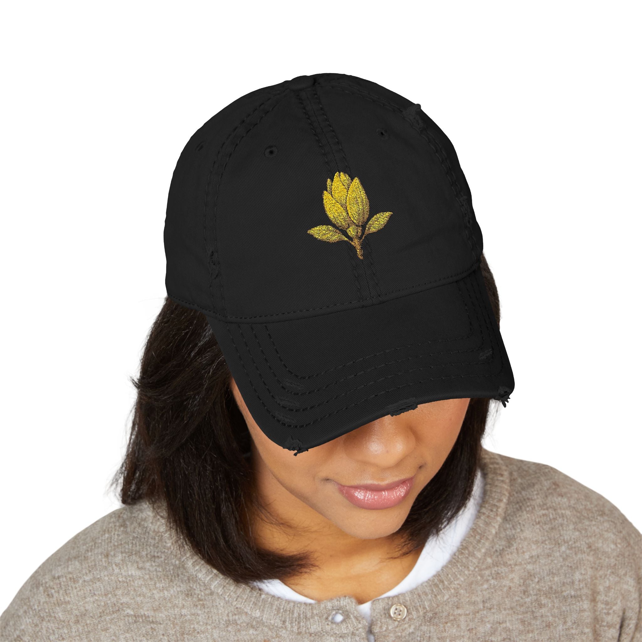 Distressed Embroidered Leaf Dad Hat — Vintage Floral Baseball Cap