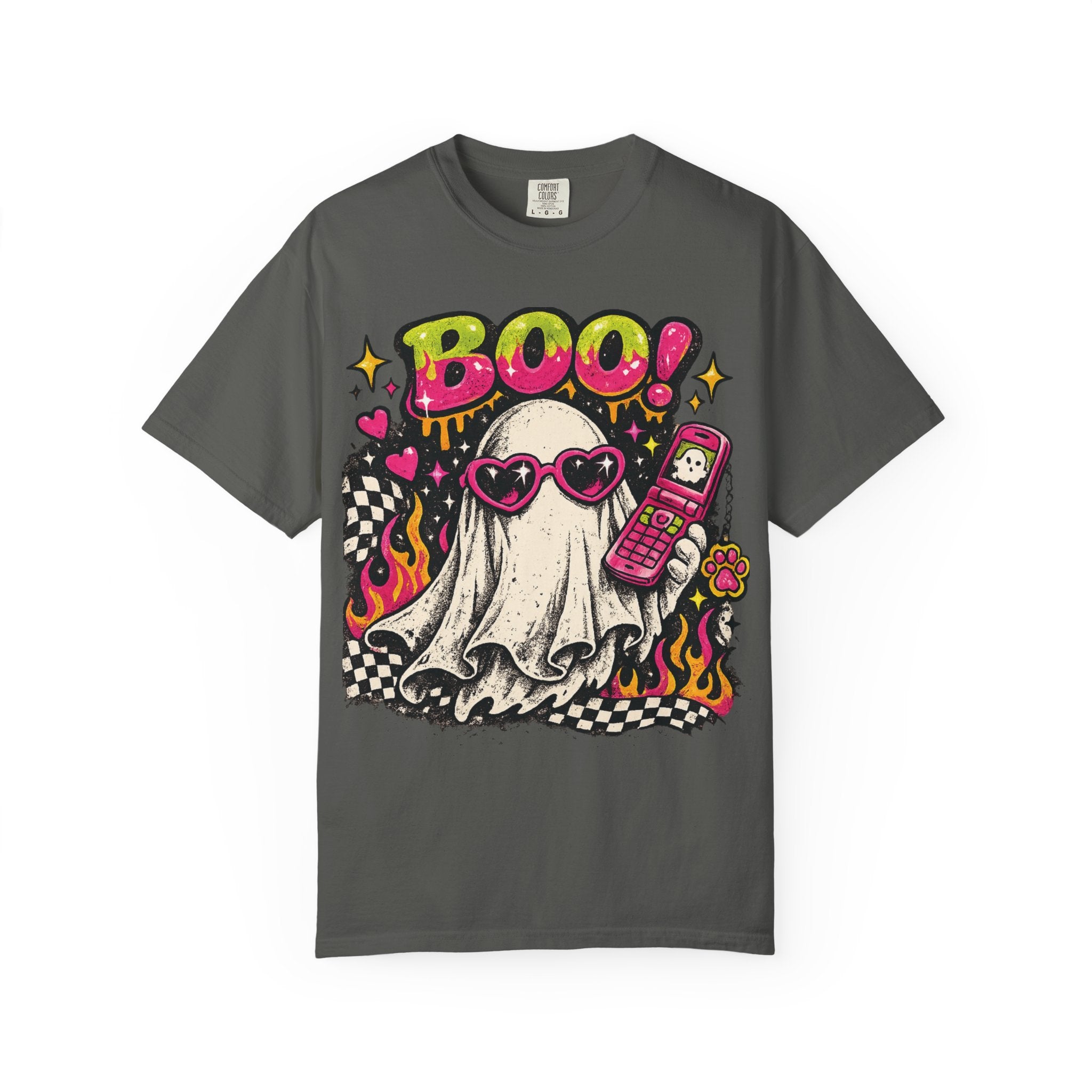 Cute Ghost Saying BOO! T-shirt | Retro Flames, Heart Sunglasses, Pink Flip Phone