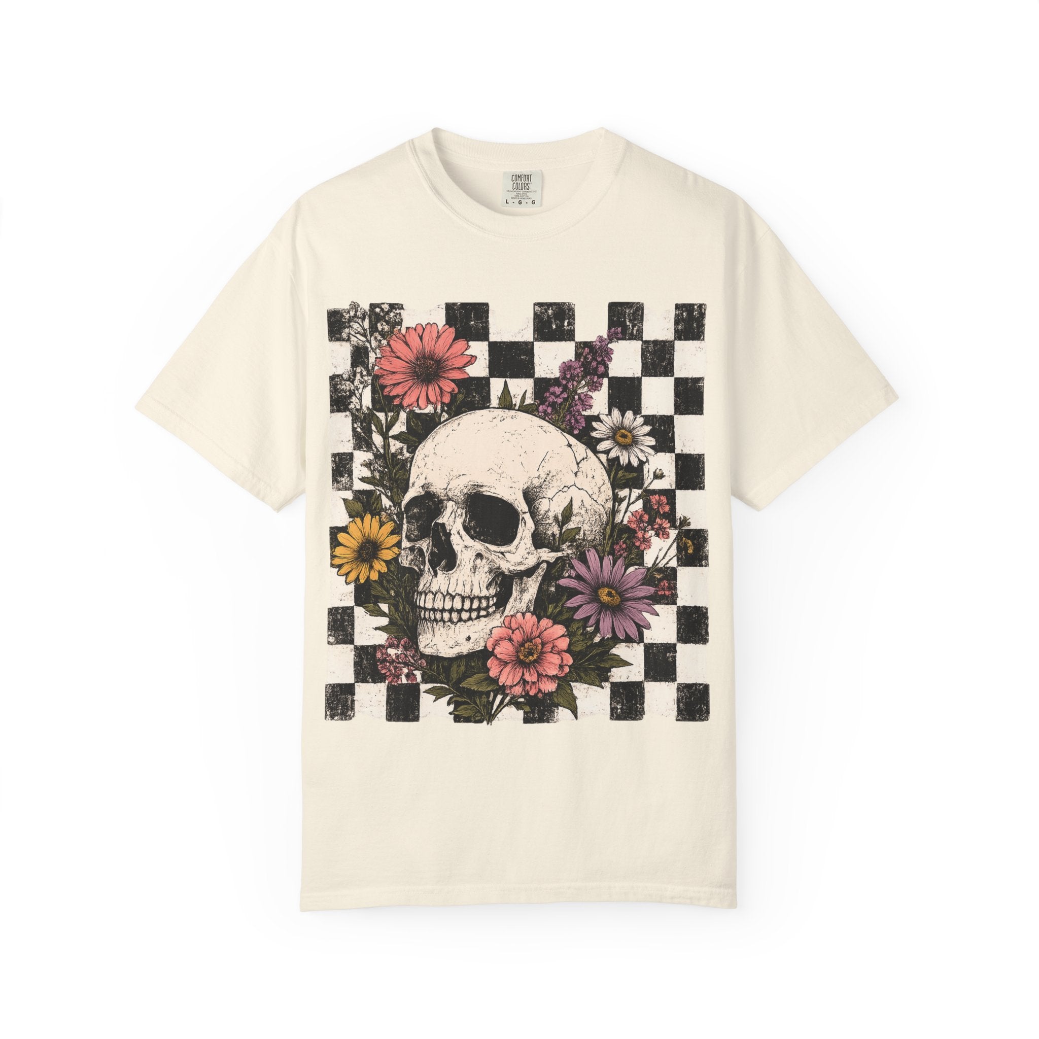 Skull with Flowers T-Shirt | Checkerboard Floral Skull Tee