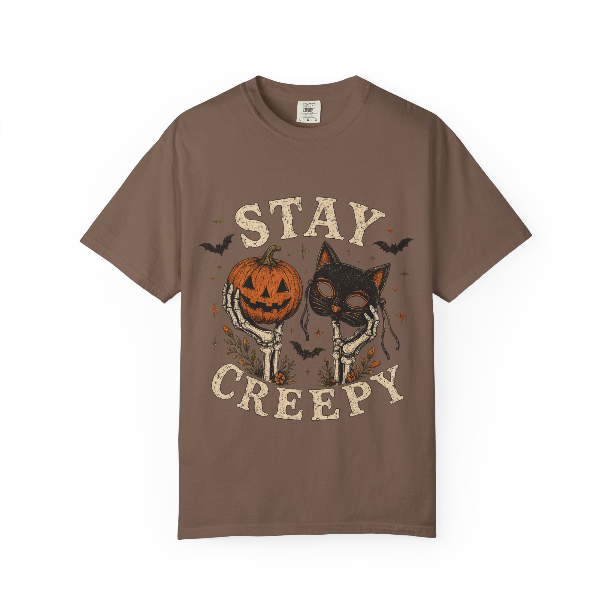 Stay Creepy cat with jack-o-lantern T-shirt | Halloween spooky bats design