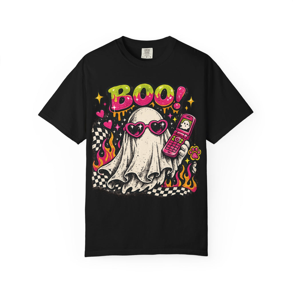 Cute Ghost Saying BOO! T-shirt | Retro Flames, Heart Sunglasses, Pink Flip Phone
