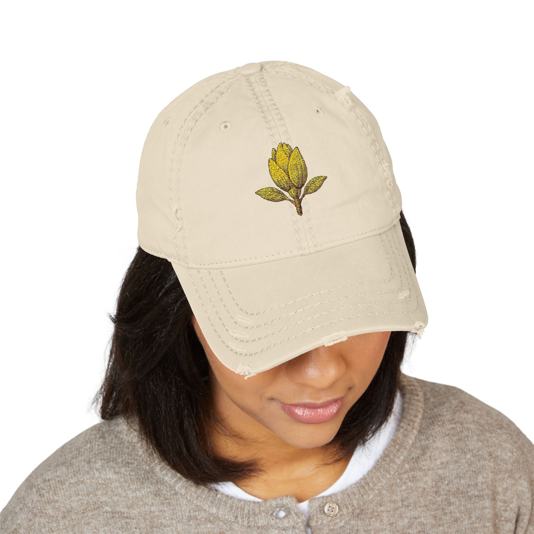 Distressed Embroidered Leaf Dad Hat — Vintage Floral Baseball Cap