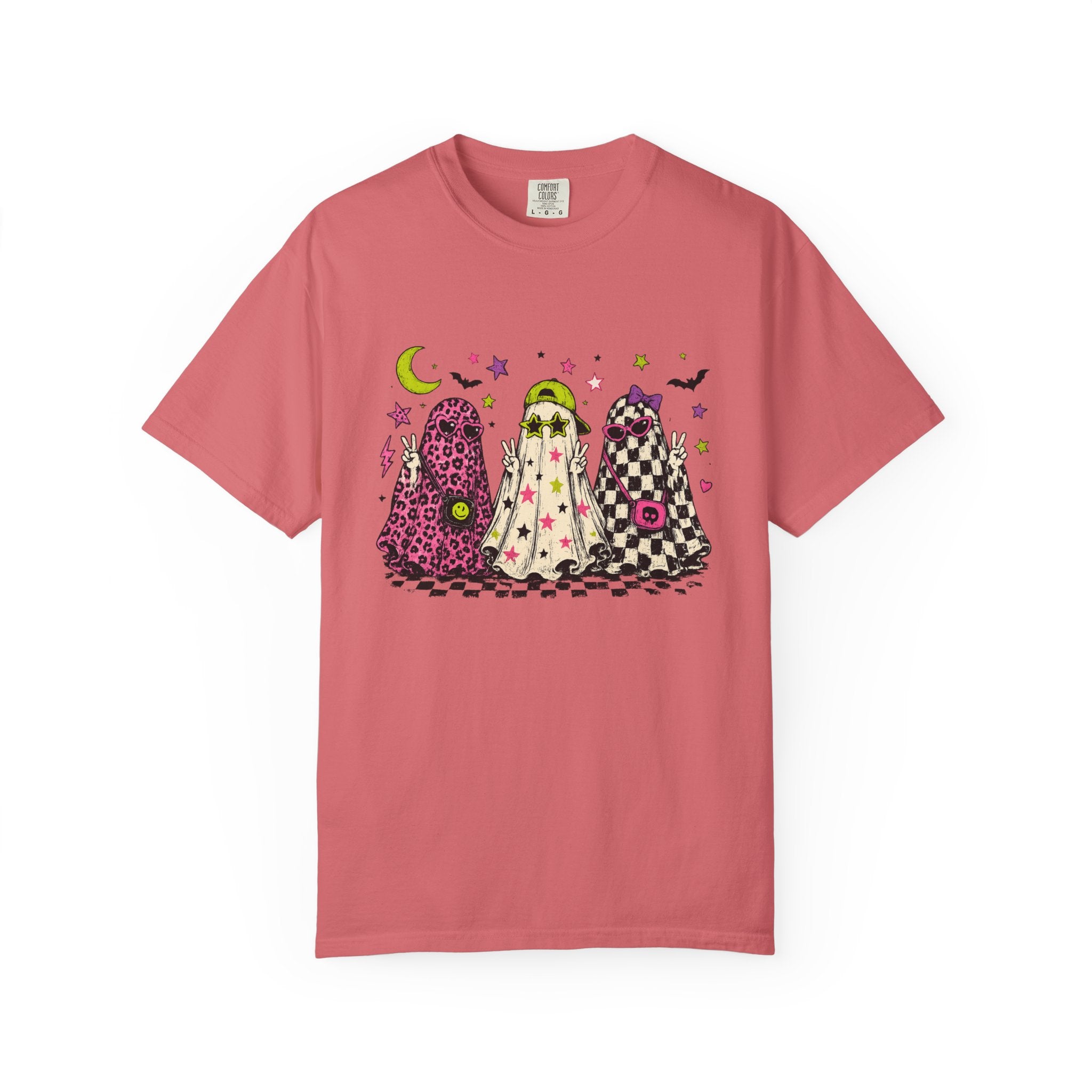 Neon Patterned Ghosts T-Shirt | Halloween Checkerboard Leopard Trio