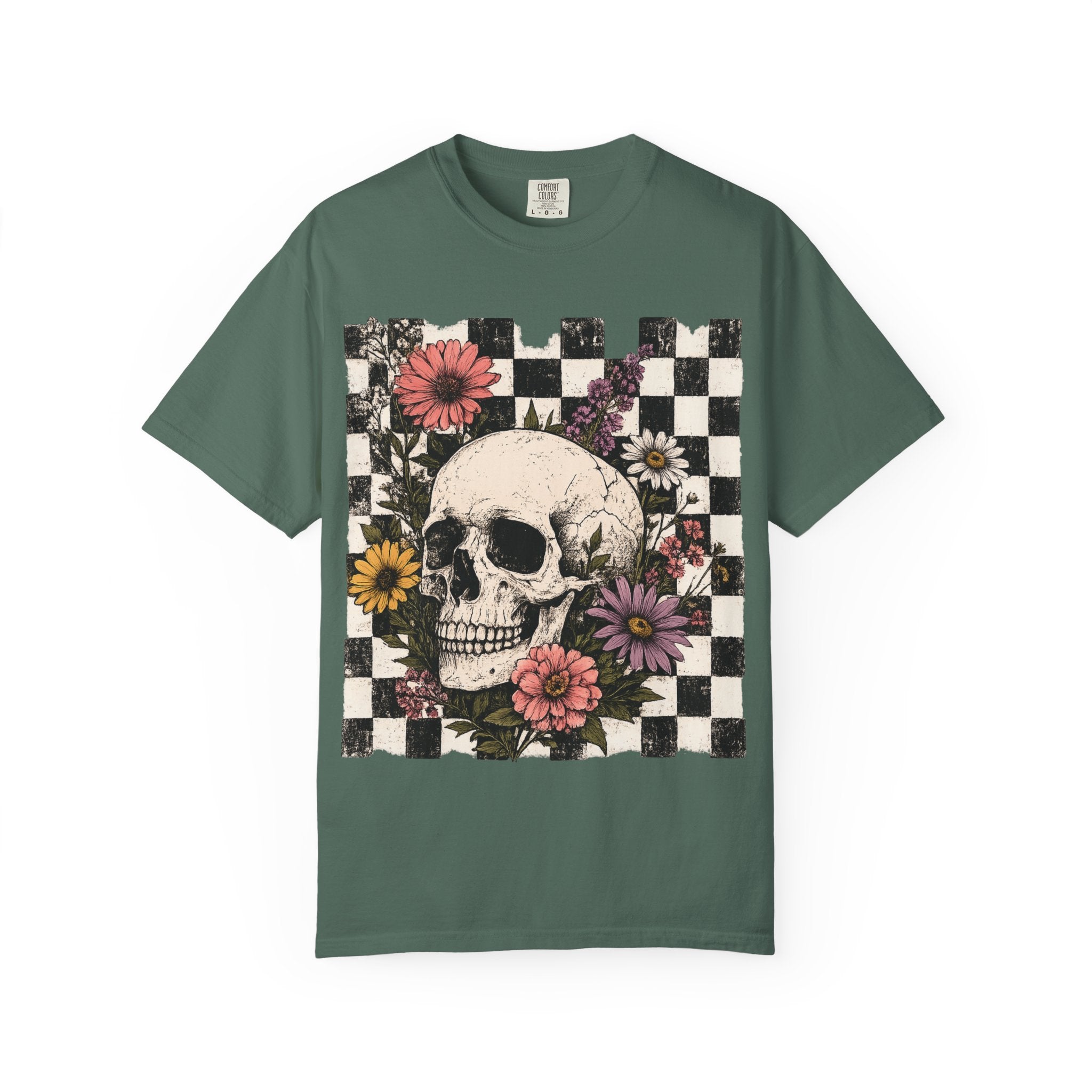 Skull with Flowers T-Shirt | Checkerboard Floral Skull Tee