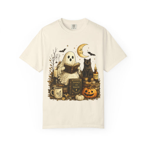 Cozy Reading Ghost T-shirt | Halloween Cat, Pumpkin & Spellbook Design