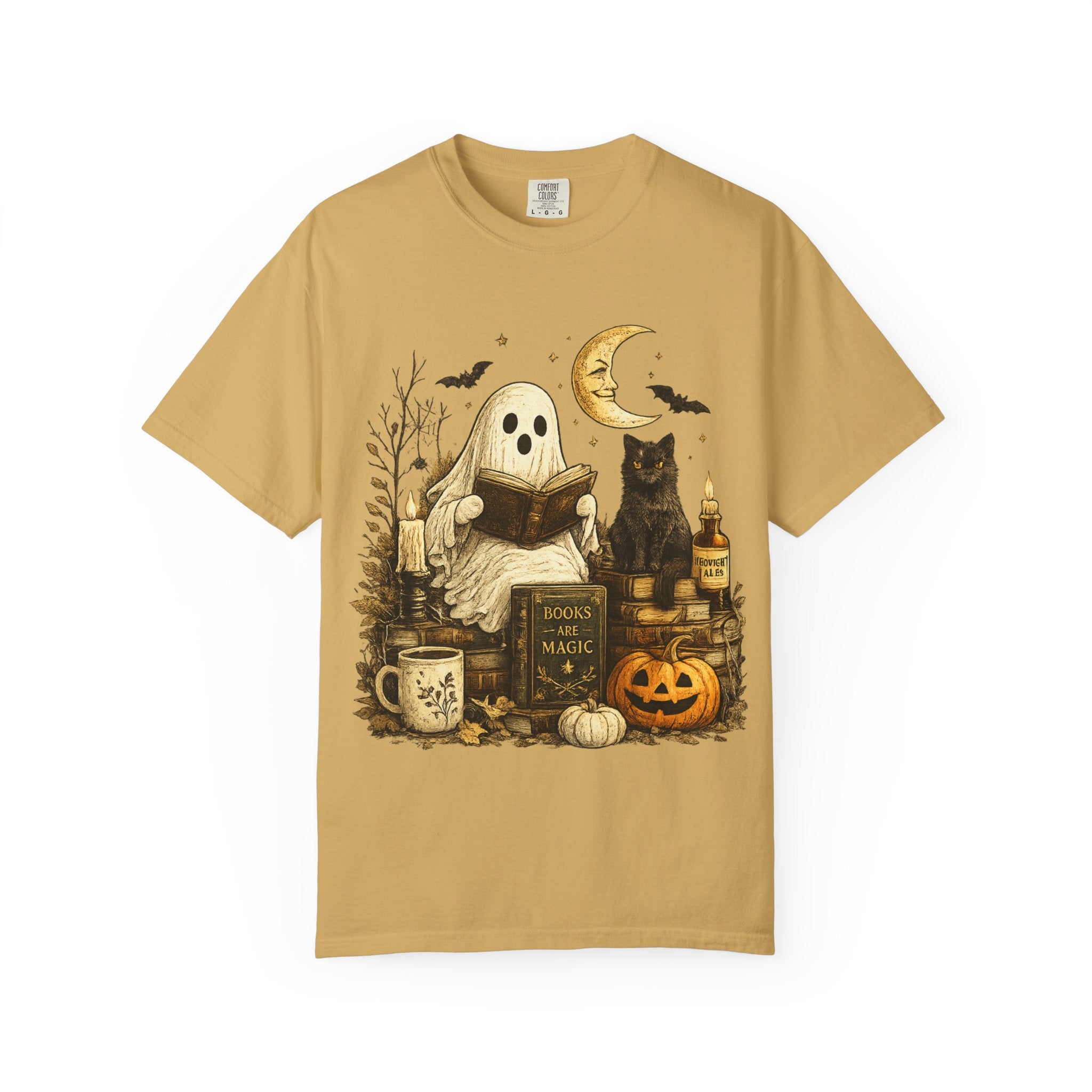 Cozy Reading Ghost T-shirt | Halloween Cat, Pumpkin & Spellbook Design