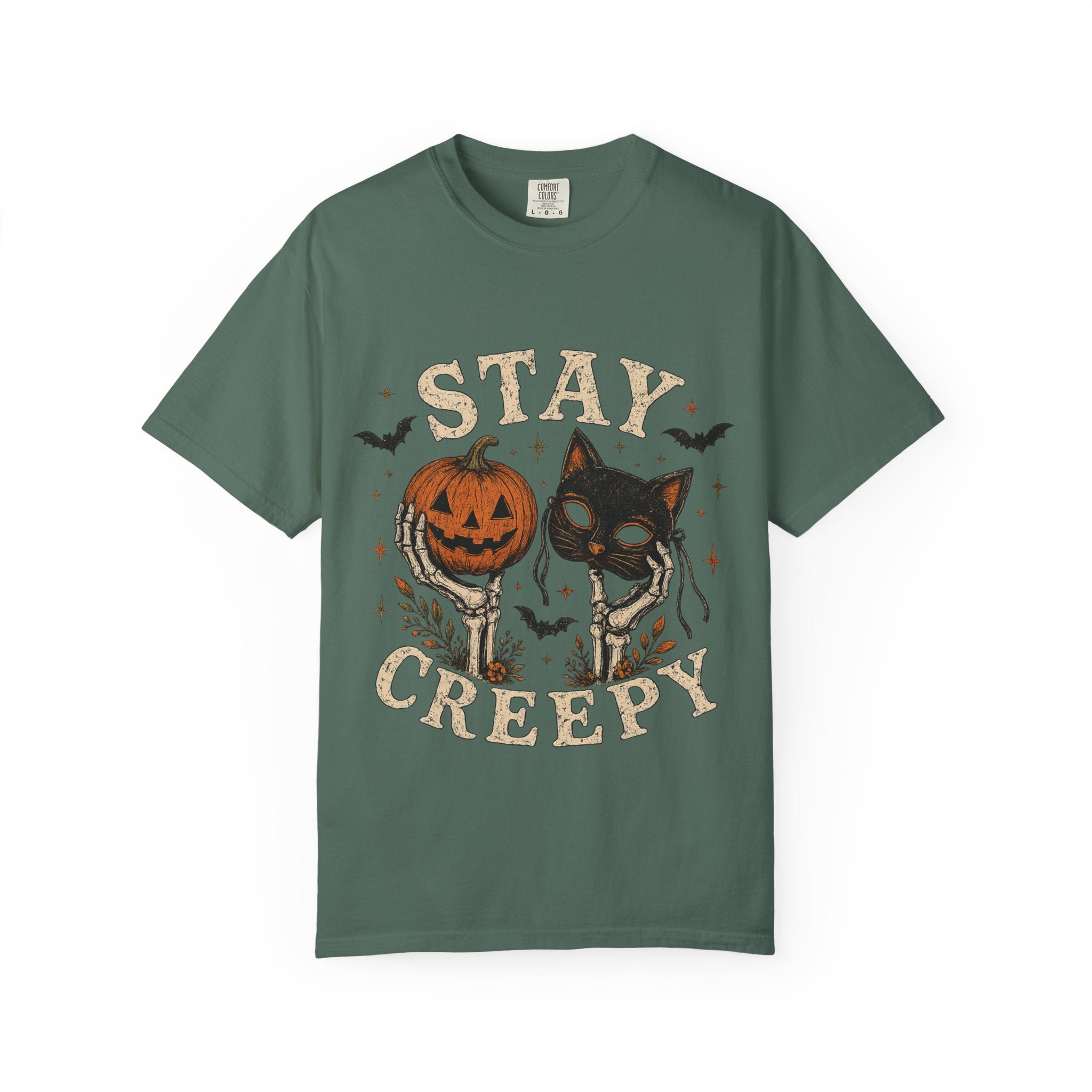 Stay Creepy cat with jack-o-lantern T-shirt | Halloween spooky bats design