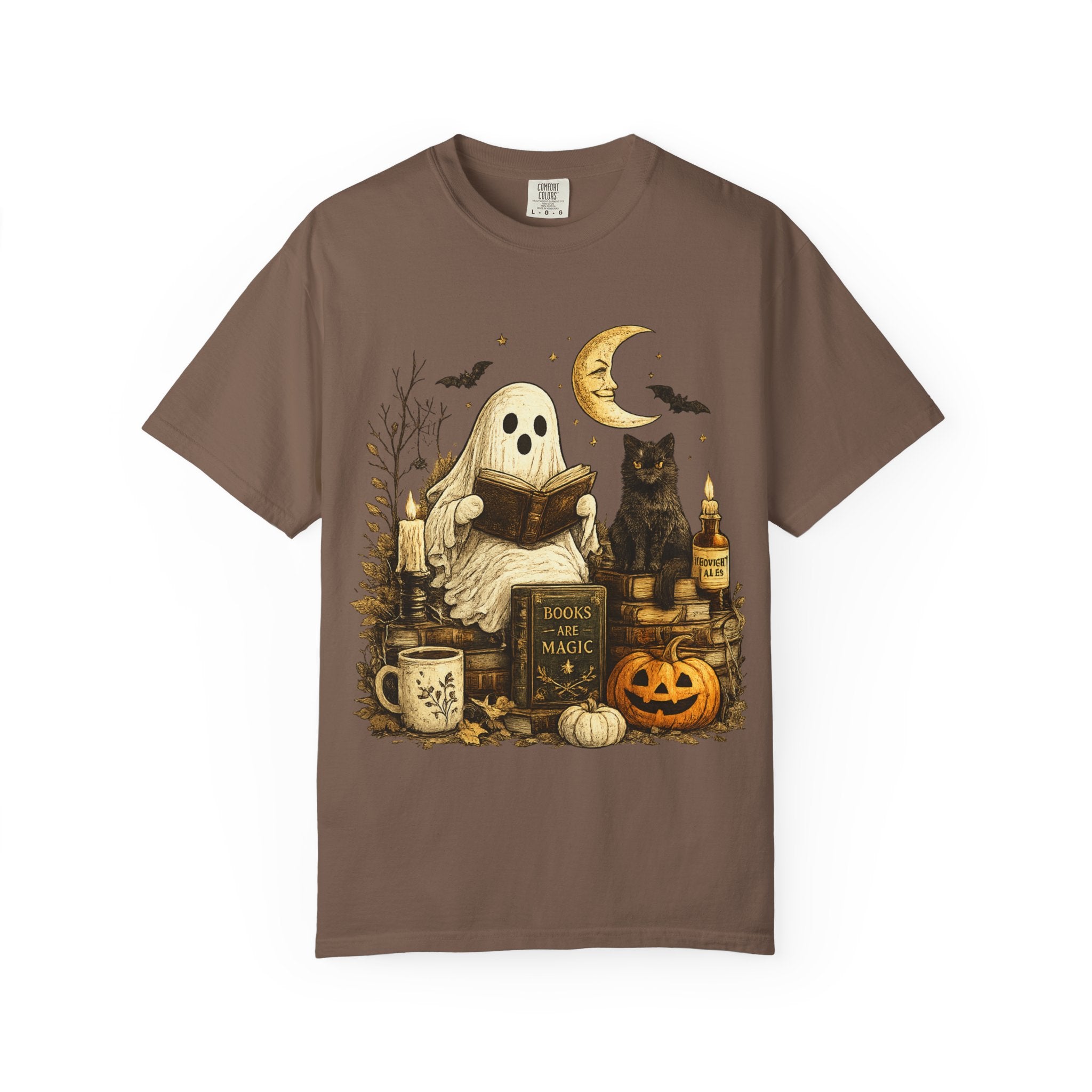 Cozy Reading Ghost T-shirt | Halloween Cat, Pumpkin & Spellbook Design