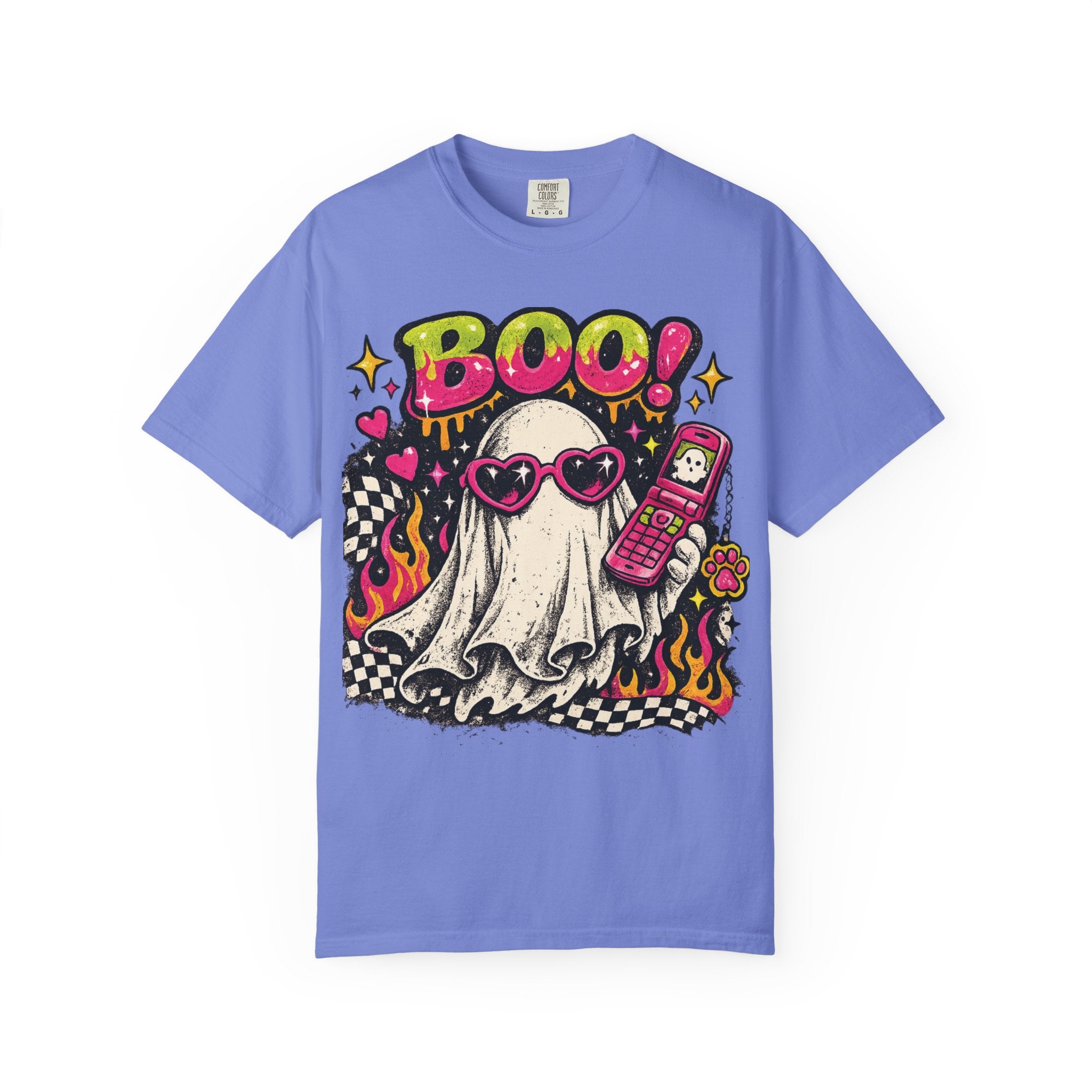 Cute Ghost Saying BOO! T-shirt | Retro Flames, Heart Sunglasses, Pink Flip Phone