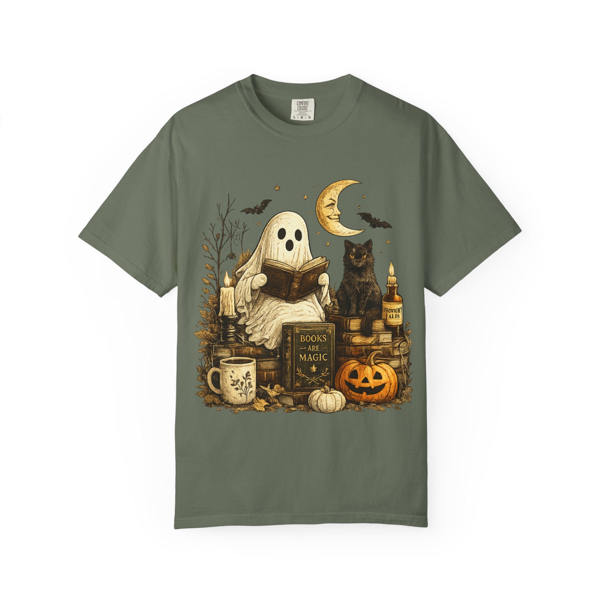 Cozy Reading Ghost T-shirt | Halloween Cat, Pumpkin & Spellbook Design