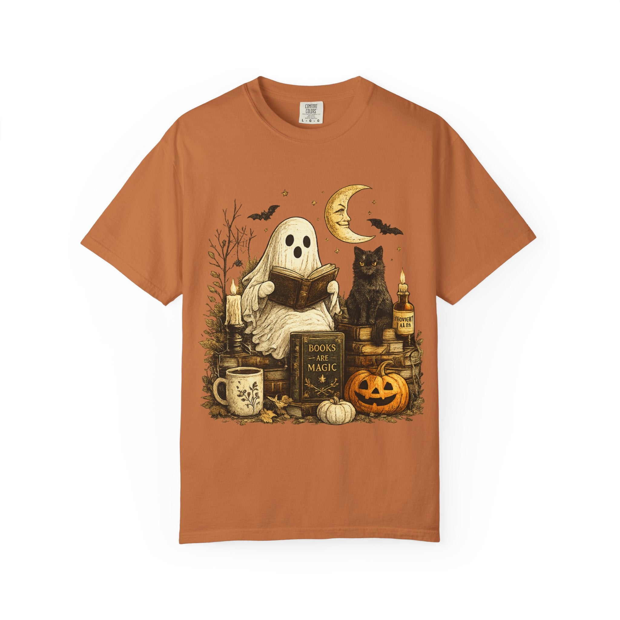 Cozy Reading Ghost T-shirt | Halloween Cat, Pumpkin & Spellbook Design