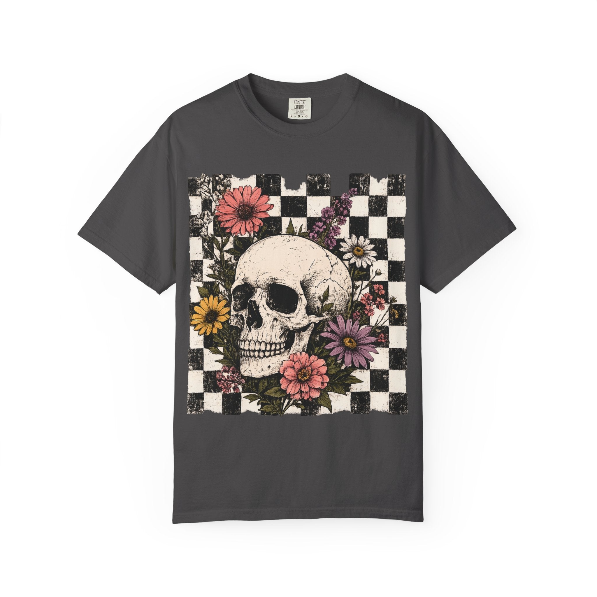Skull with Flowers T-Shirt | Checkerboard Floral Skull Tee