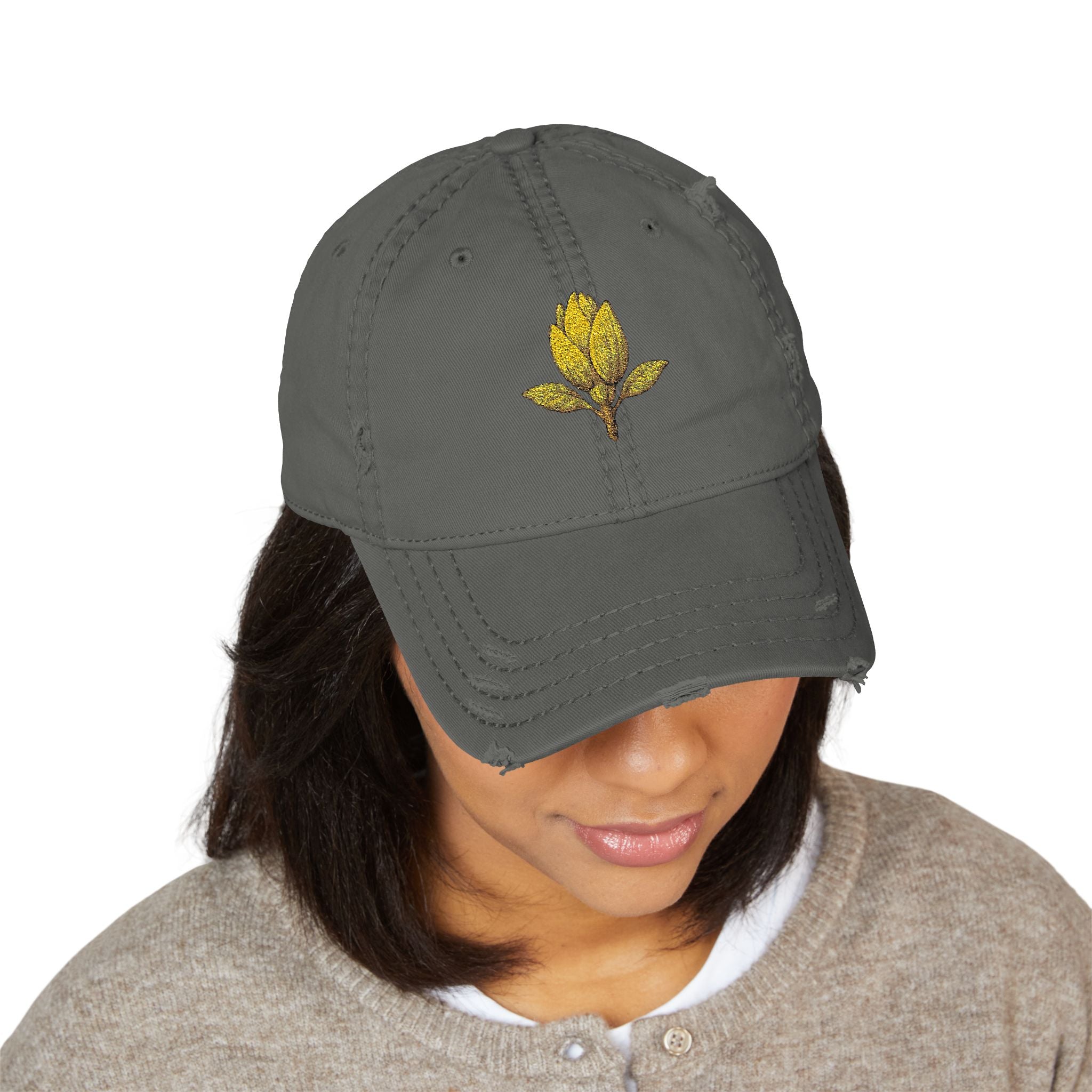 Distressed Embroidered Leaf Dad Hat — Vintage Floral Baseball Cap