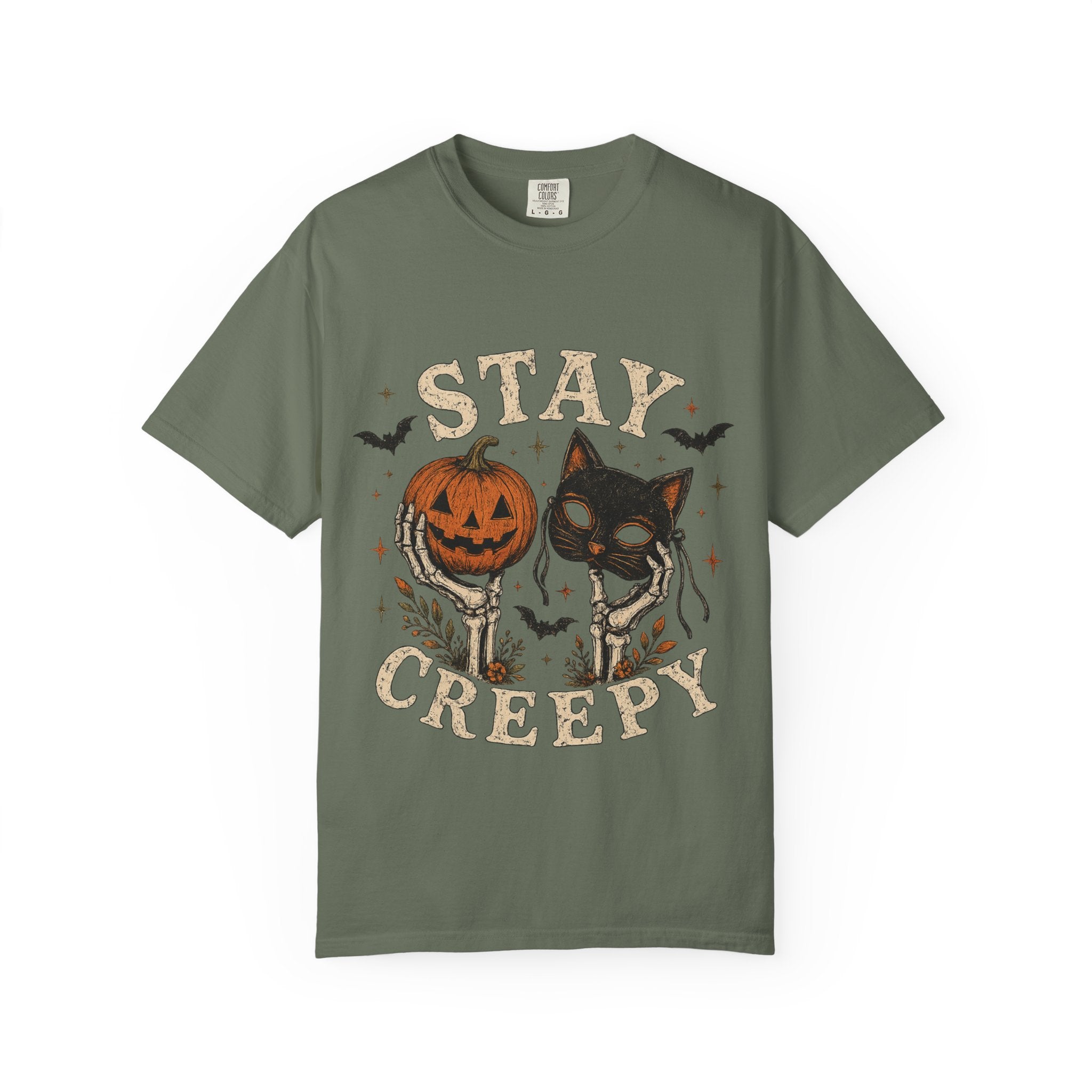 Stay Creepy cat with jack-o-lantern T-shirt | Halloween spooky bats design