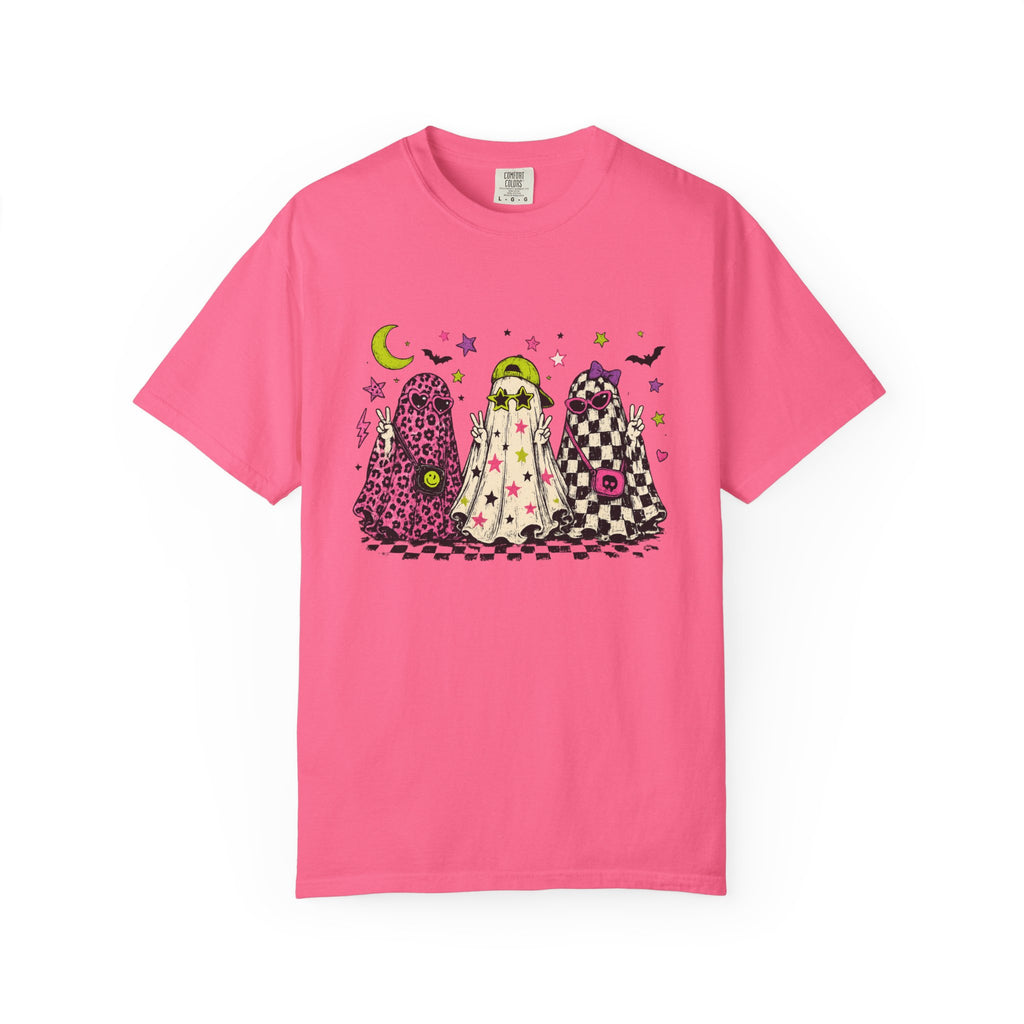 Neon Patterned Ghosts T-Shirt | Halloween Checkerboard Leopard Trio