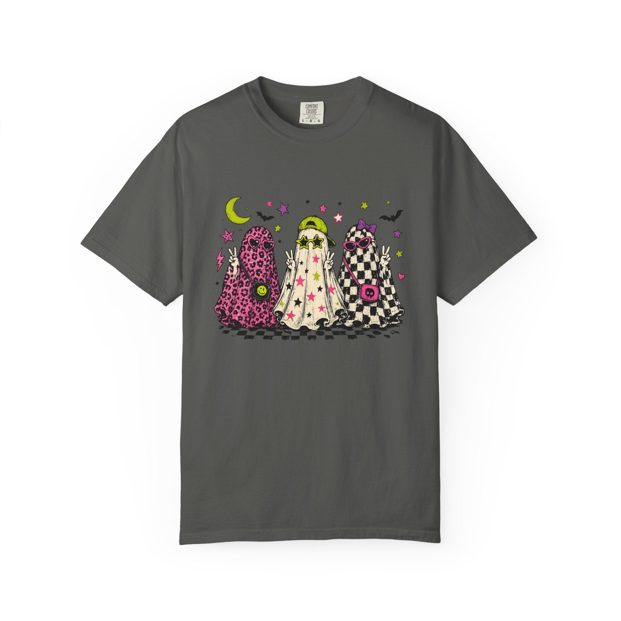 Neon Patterned Ghosts T-Shirt | Halloween Checkerboard Leopard Trio